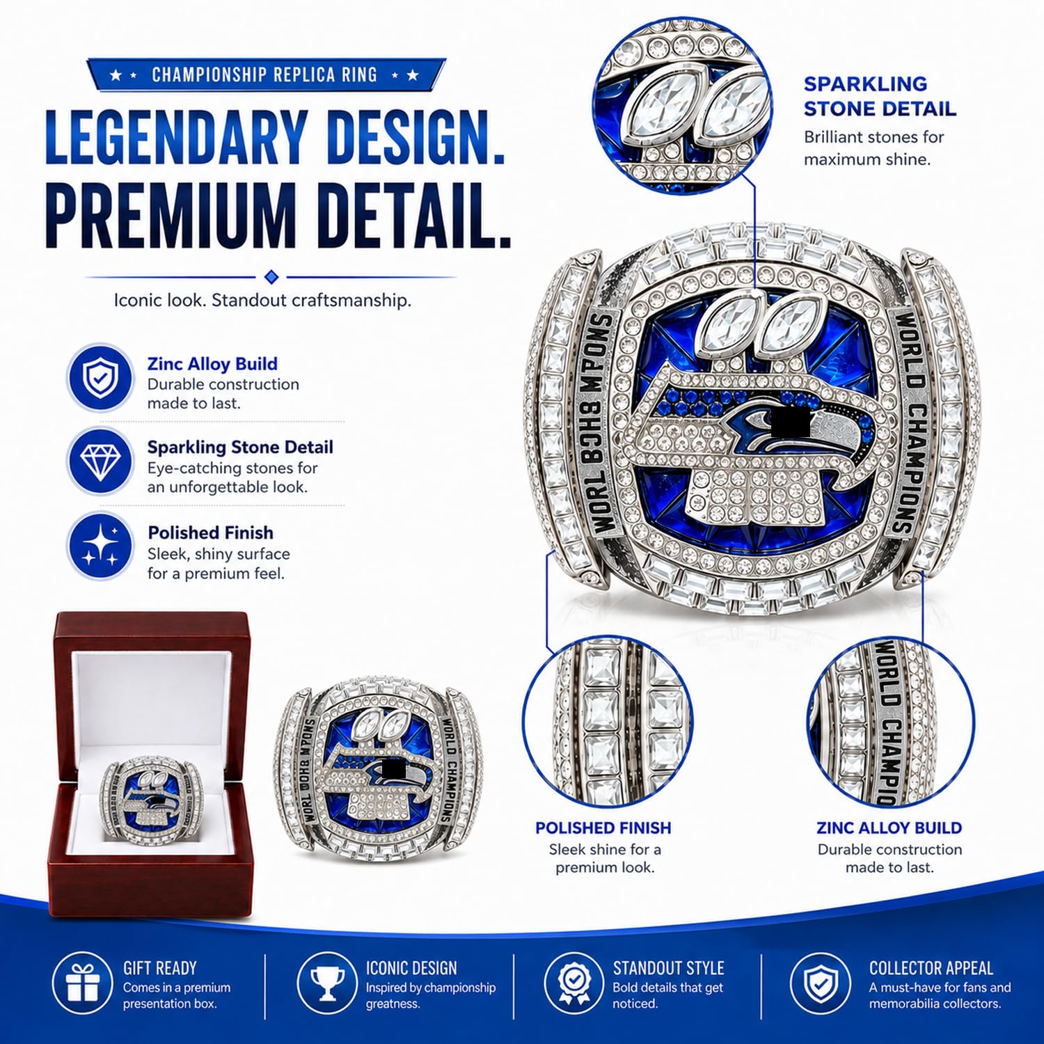 2026 Seahawks Meisterschaftsring Replik mit Box und Halskette | Abnehmbarer in US-Größe 11 Metall American Football Champion Ring, Fan-Geschenk, Sammlerstück und Erinnerungsstück