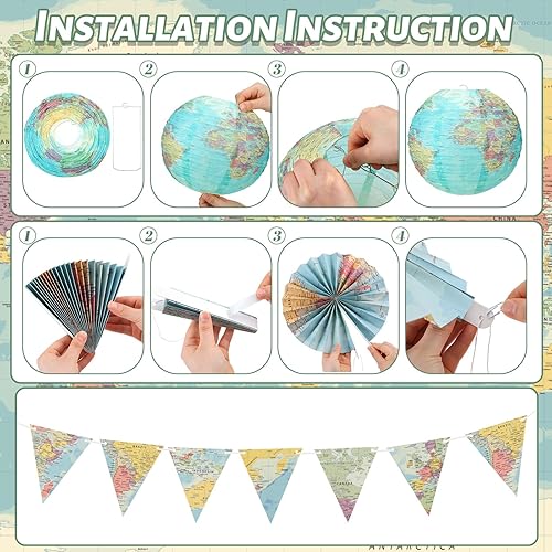 Miniatura 5 de 19 piezas de mapa del mundo para decoración de aula, globos de decoración de fiesta temática de viaje, faroles de papel colgantes, banderas