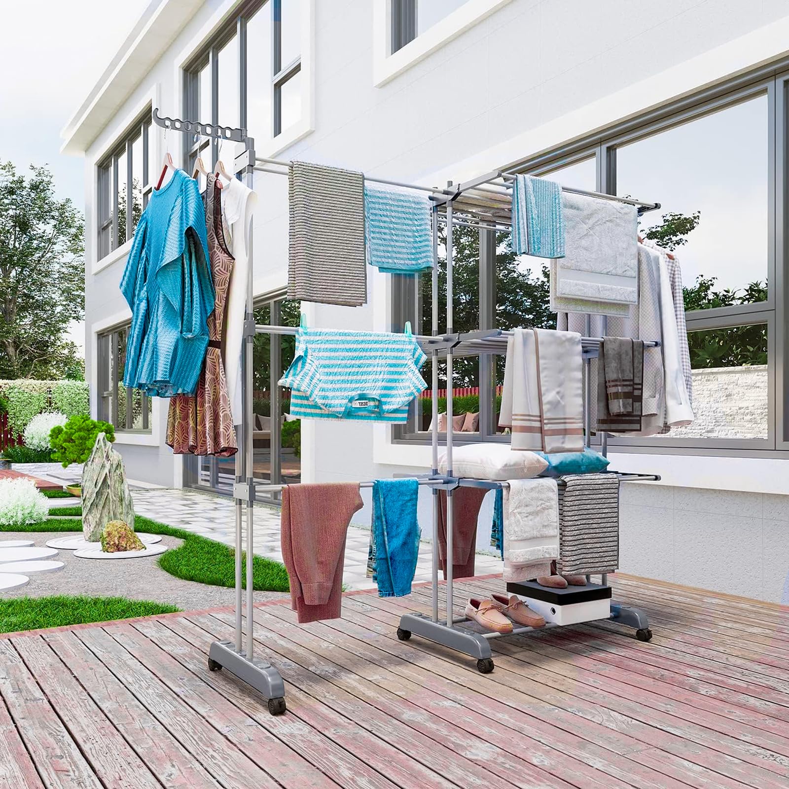 Fabulcozy Séchoir à Linge Pliable Étendoir à Linge 4 Niveaux avec roulettes Utilisation intérieure et extérieure (Petit)