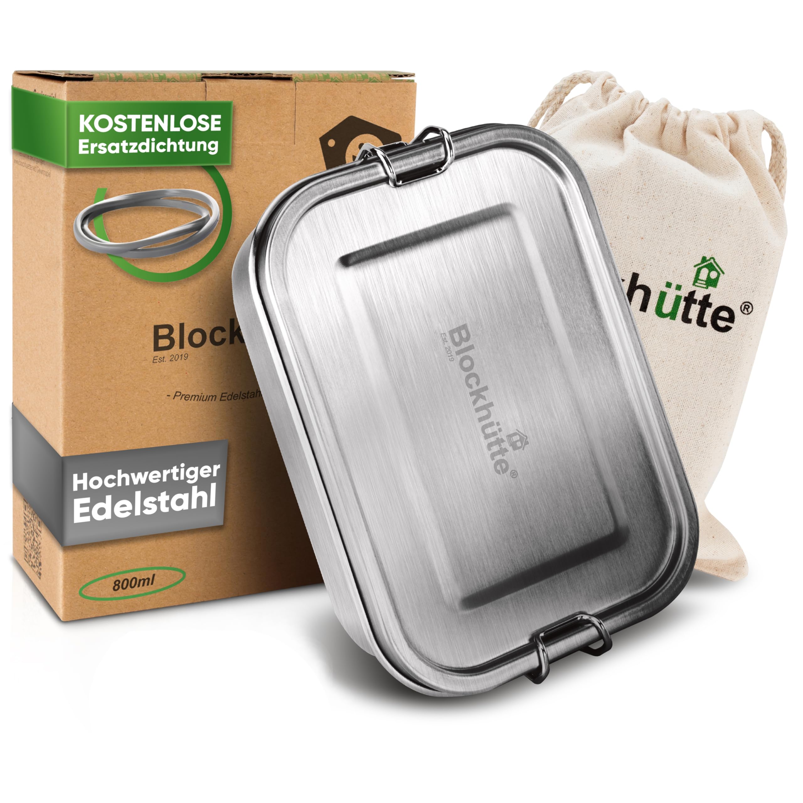 Blockhütte Premium Edelstahl Brotdose I 800ml I für Kinder inkl 3x Fächern und Ersatzdichtung I Die Frischhaltedose mit 2x Trennwand ist auslaufsicher I Brotzeitdose klein