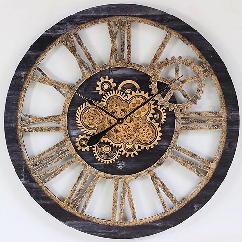 The Gears Clock - Reloj de pared con engranaje móvil real de 36 pulgadas, estilo vintage, industrial, de gran tamaño, casa de campo rústica (madera