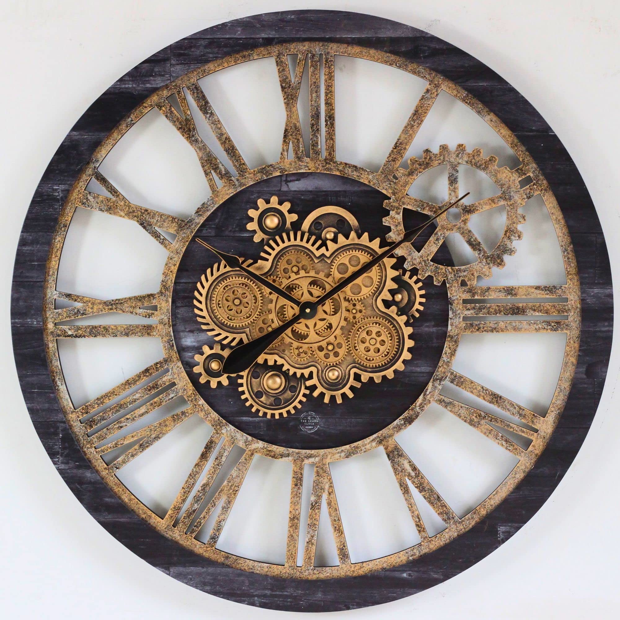 The Gears Clock - Orologio da parete con ingranaggi mobili, stile vintage, industriale, grande, rustico, stile vintage, in legno nero e bronzo
