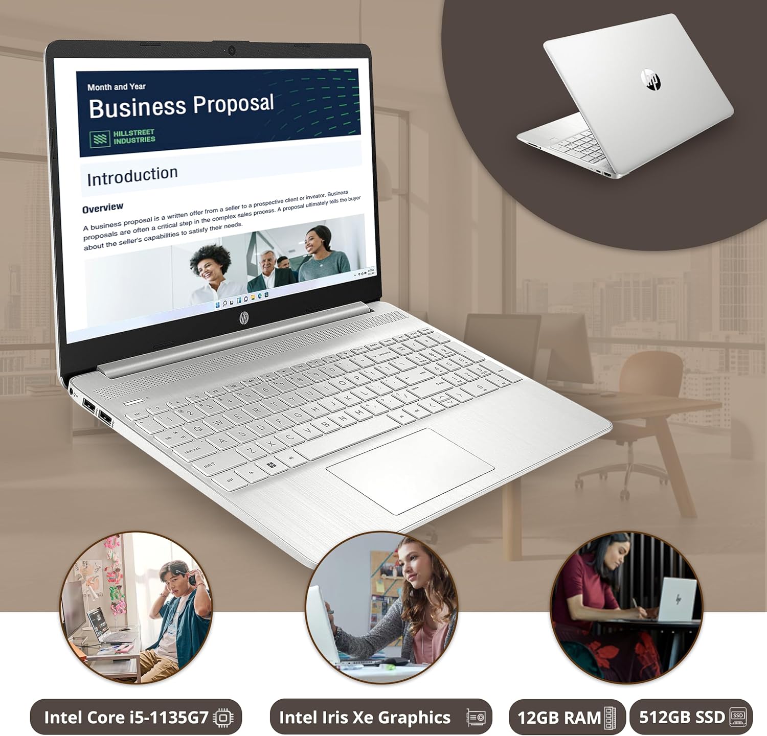 HP 15.6 inch laptop displaying a business proposal document