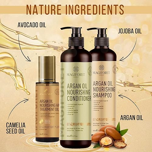 Miniatura 4 de MagiForet Aceite de argán nutritivo para el cuidado diario, champú de 16.9 fl oz + acondicionador de 16.9 fl oz + suero para el cabello 3.4 fl oz,