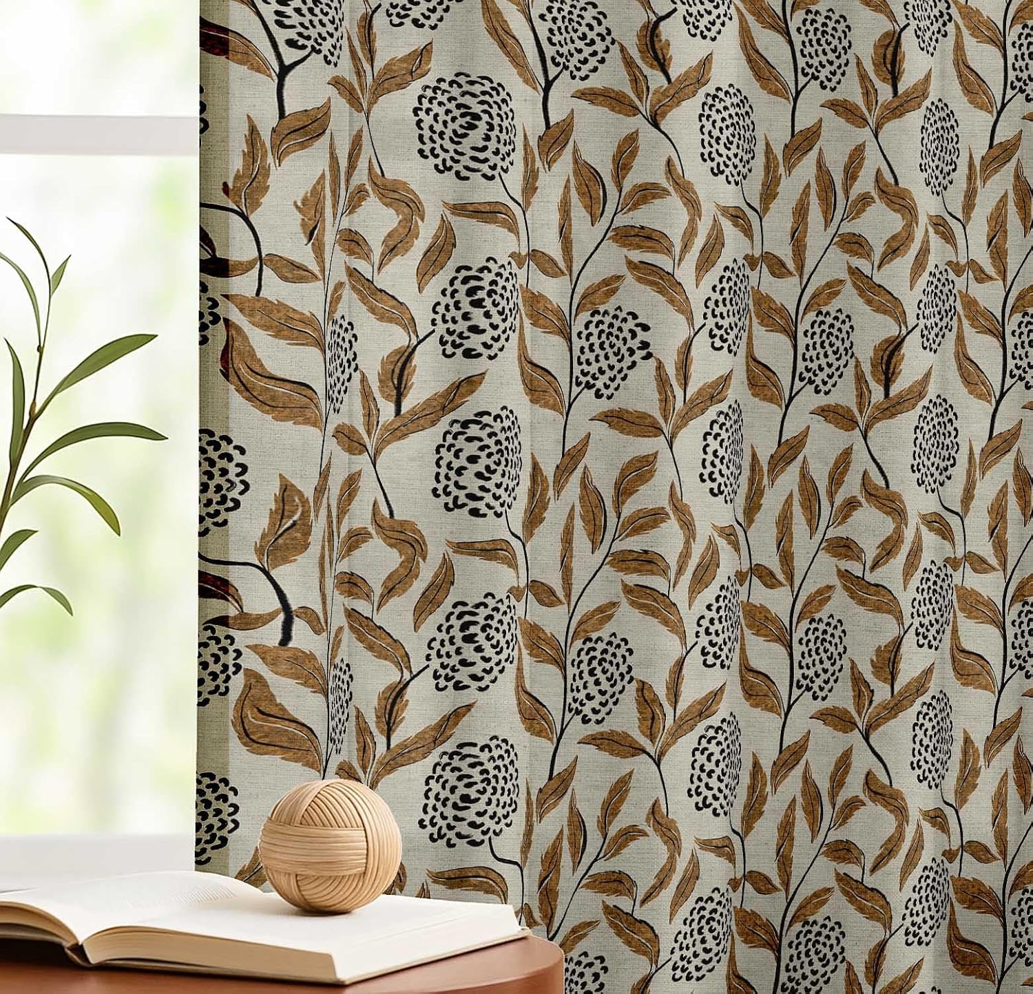 Cotton Curtains for Windows - 3-in-1 Rod Pocket/Back Tab Short Window Drapes - Light Filtering Cotton Canvas Panels - Set of 2, 52"x63" - Leaves Print (Beige)