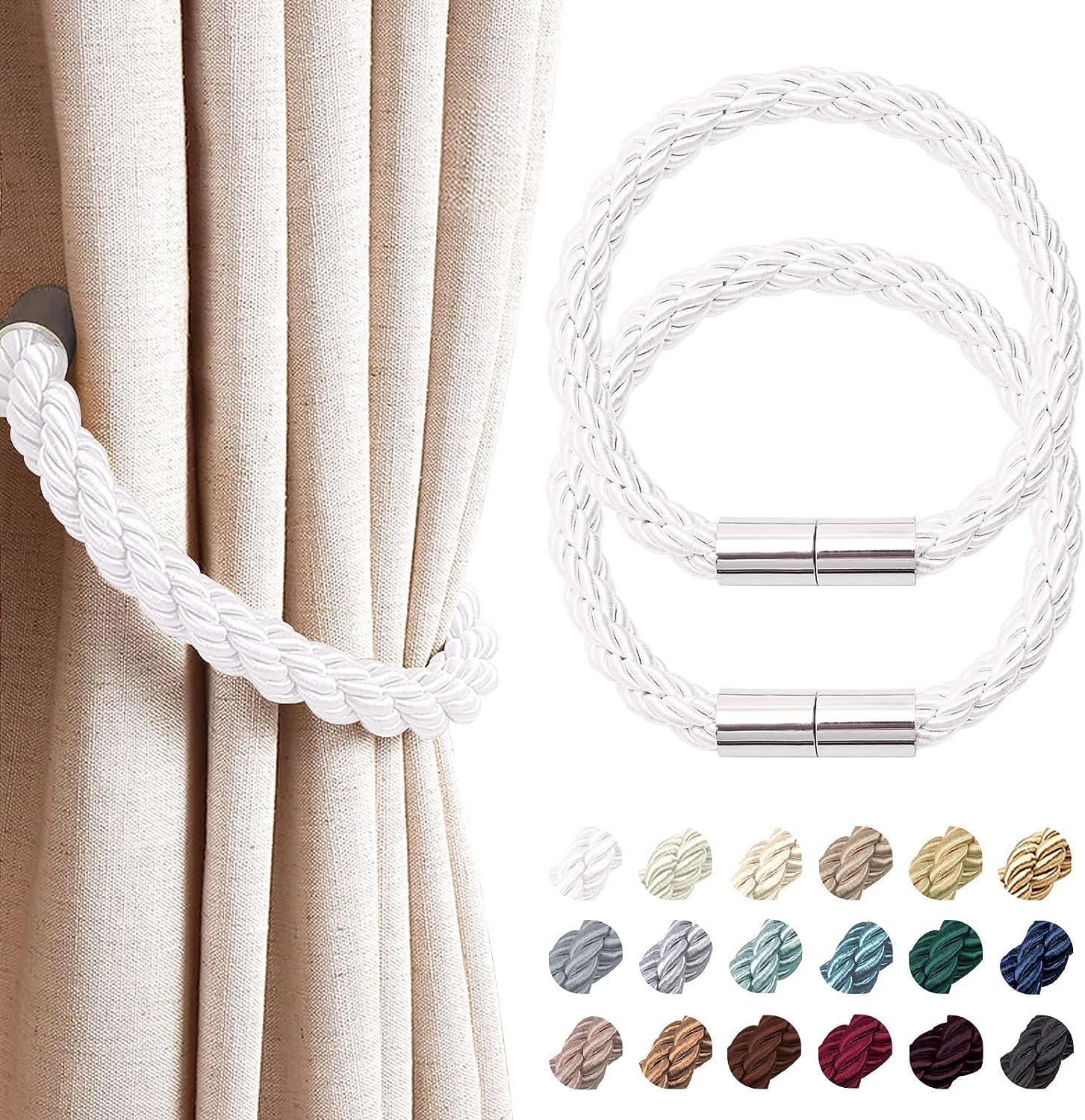 VRT Strong Magnetic Curtain Tiebacks Modern Simple Style Drape Tie Backs Convenient Decorative Weave Rope Curtain Holdbacks for Thin or Thick Home & Office Window Draperies (1 Pair, Silver White)