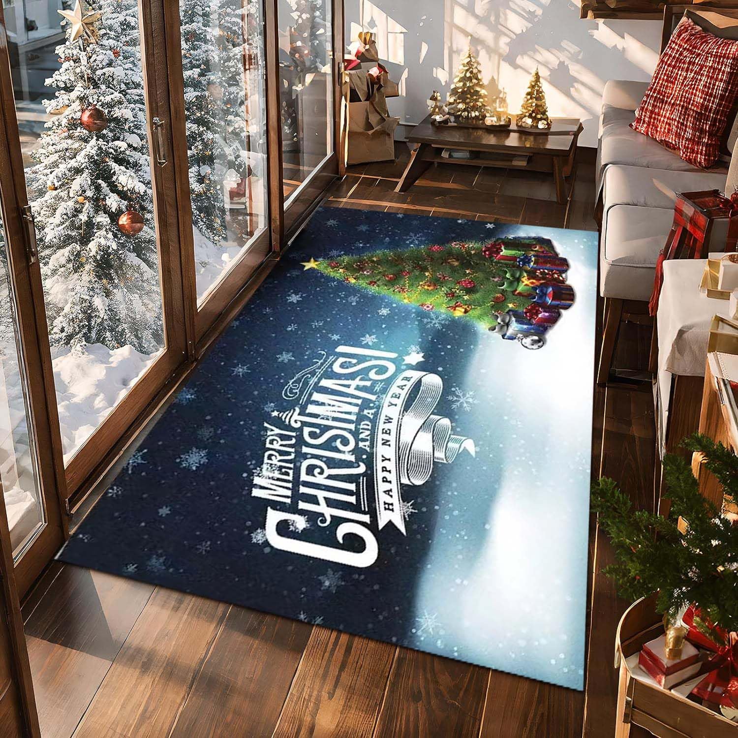 Tapis de salon Merry Christmas ambiance neige pour des fêtes en famille