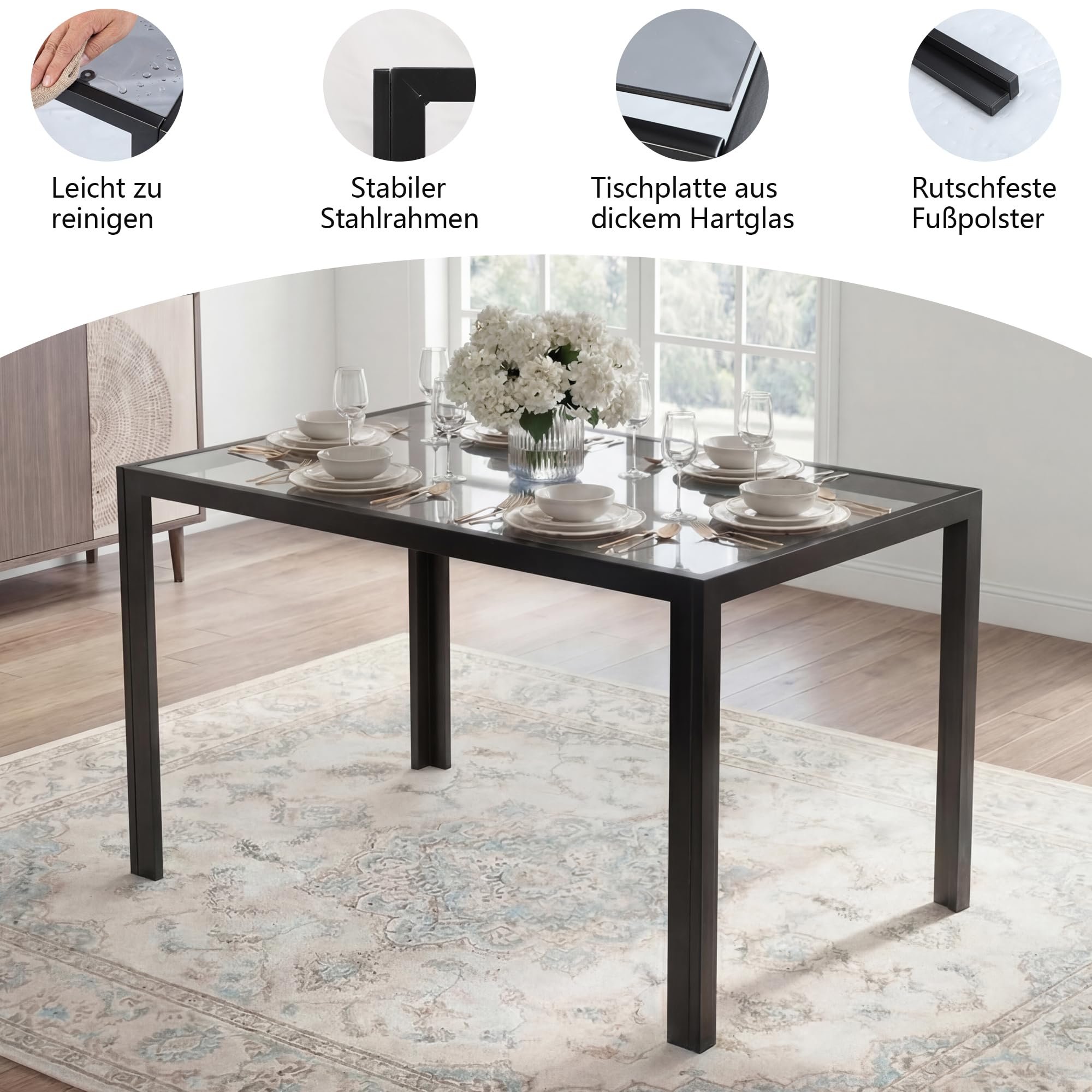 Essgruppe Set Tisch und Stühle, Esstisch mit 6 Stühlen Esszimmergruppe, Strapazierfähiges Kunstleder, Tischplatte aus Sicherheitsglas,Sitzgruppe für Küche Esszimmer Wohnzimmer(120*75*60cm )
