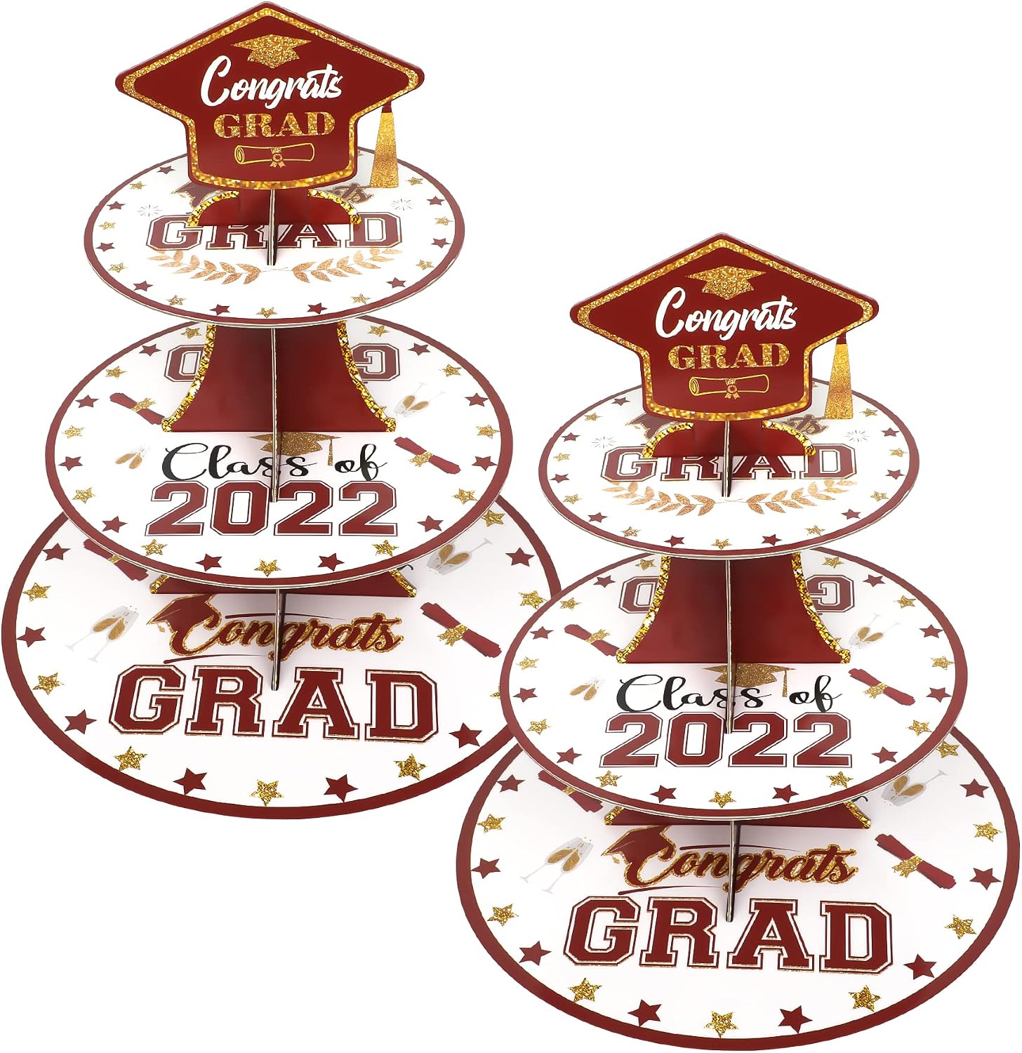 2-Set Class of 2022 Burgundy Black Gold 3-Tiered Graduation Round Cardboard Cupcake Stands Perfect for Grad Themed Party Decor Graduation Dessert Favors Supplies (Burgundy Black Gold)