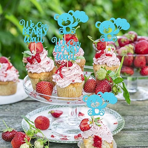 Miniatura 4 de 24 piezas de decoración de cupcakes con la frase "We Can Bearly Wait Cupcake Toppers Glitter Balloon Bear Cupcake Picks for Gender Reveal Baby Bear
