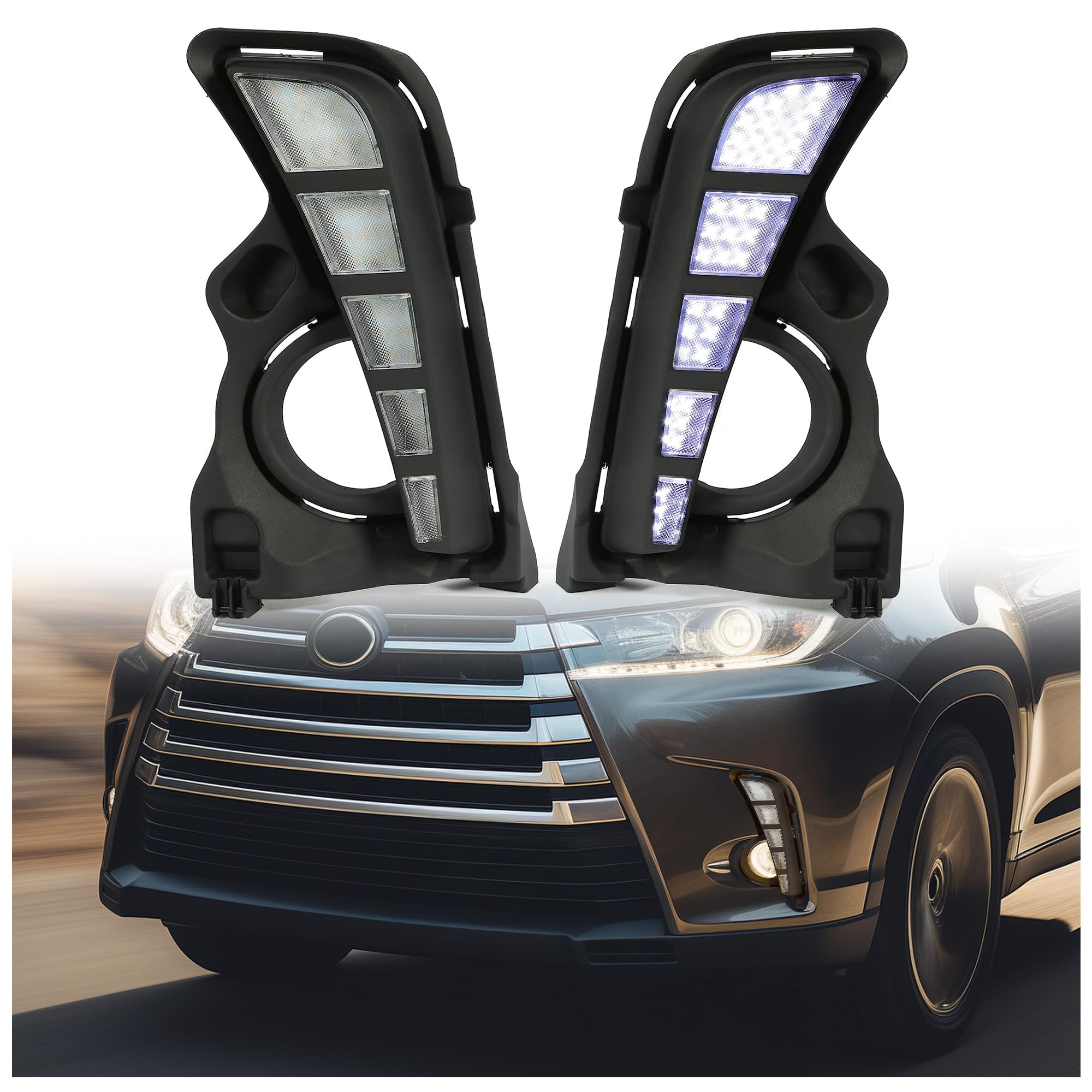 Kojem Front LED Daytime Running Fog Lights Compatible with 2017 2018 2019 Toyota Highlander Driving LED Fog Lamp Bumper + Wiring Harness Turn Signal light
