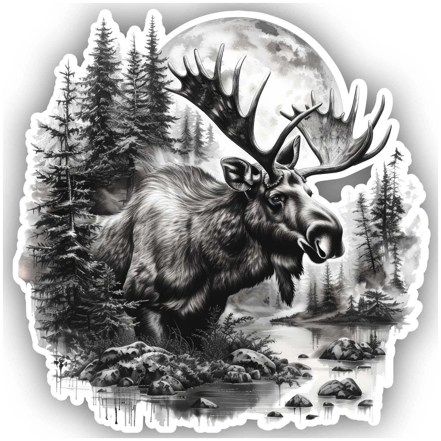 Samunshi® Elch in Wald Szene Aufkleber Vollmond Car Decal für Mofa, Fahrrad, Roller oder Auto - MTB, Mountainbike, Rennrad Aquarell Illustration 15x15cm