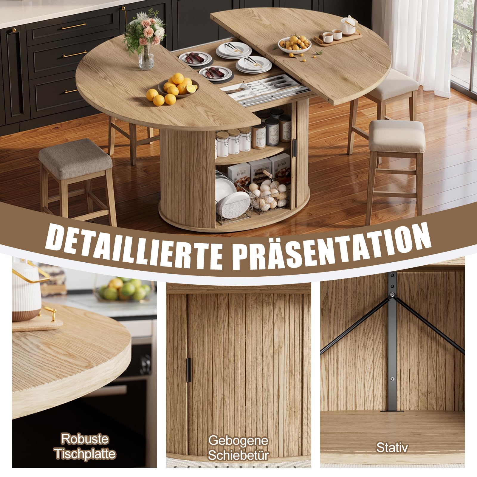 MSFE Esstisch Ausziehbar mit Verstecktem Stauraum Runder Esstisch für 4-8 Personen Moderne Esszimmertisch aus Holz mit 2-lagigem Lagerregal und Schiebetür für Esszimmer Wohnzimmer 110-150x110x75CM