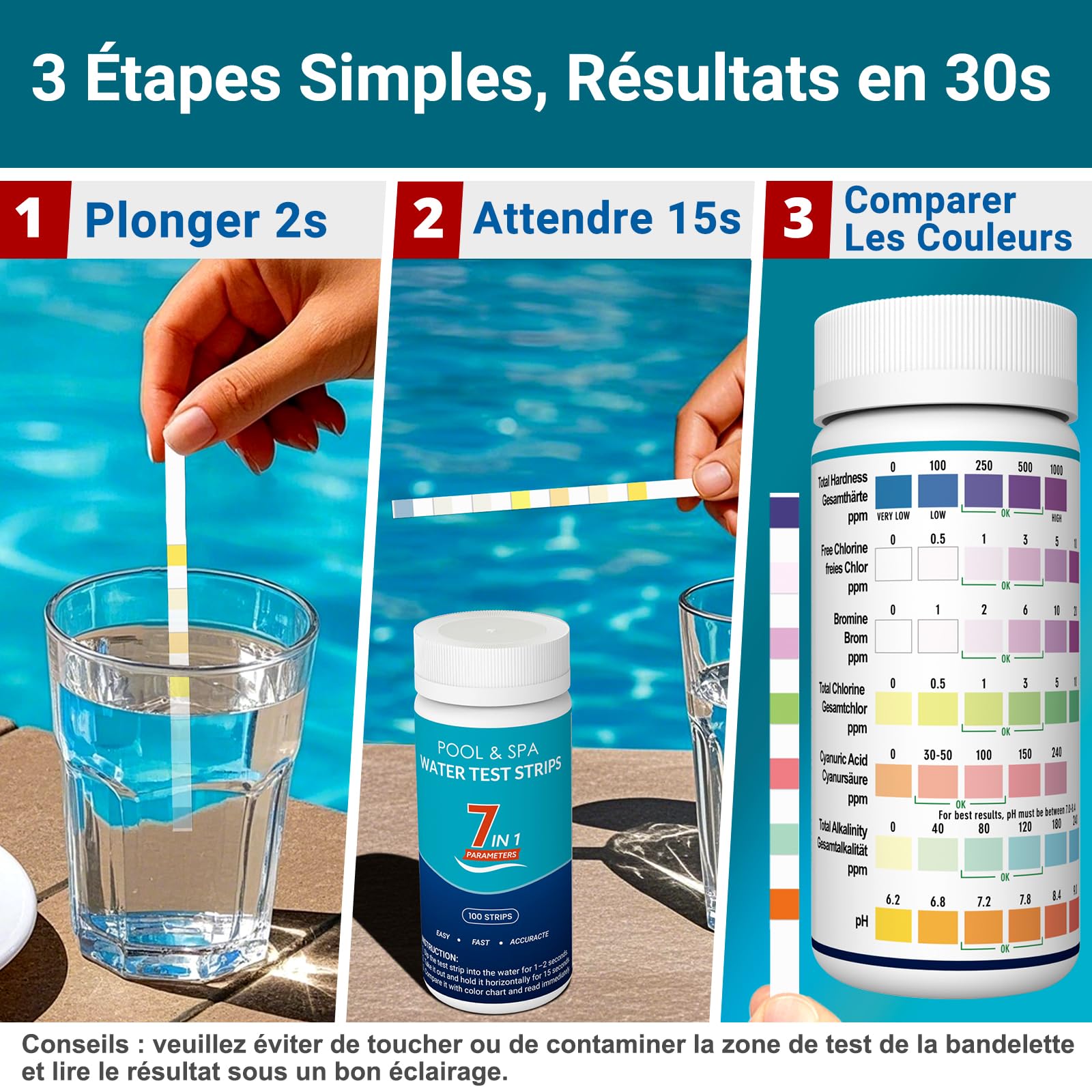 7-en-1 Bandelette Piscine | 150 Bandes | Chlore, PH, TAC, TH, Stabilisant, Brome, Alcalinité, Bandelettes Test Piscine PH et Chlore, Languette Piscine pour Spa et Jacuzzi