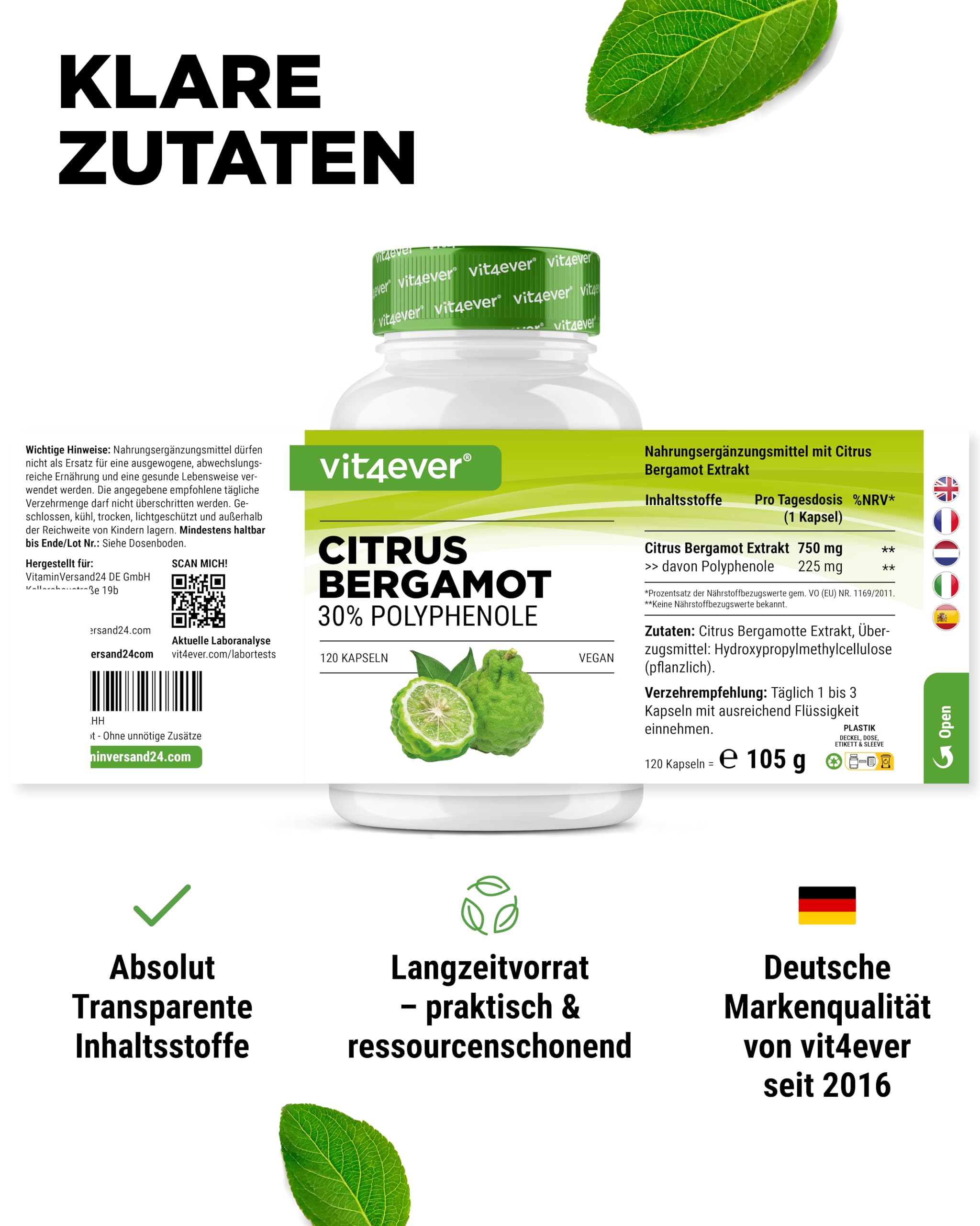 Citrus Bergamot - 120 Kapseln hochdosiert mit je 750 mg Extrakt - Premium: 30% Polyphenole - Kreuzung aus Zitronatzitrone & Bitterorange - Vegan, ohne unnötige Zusätze