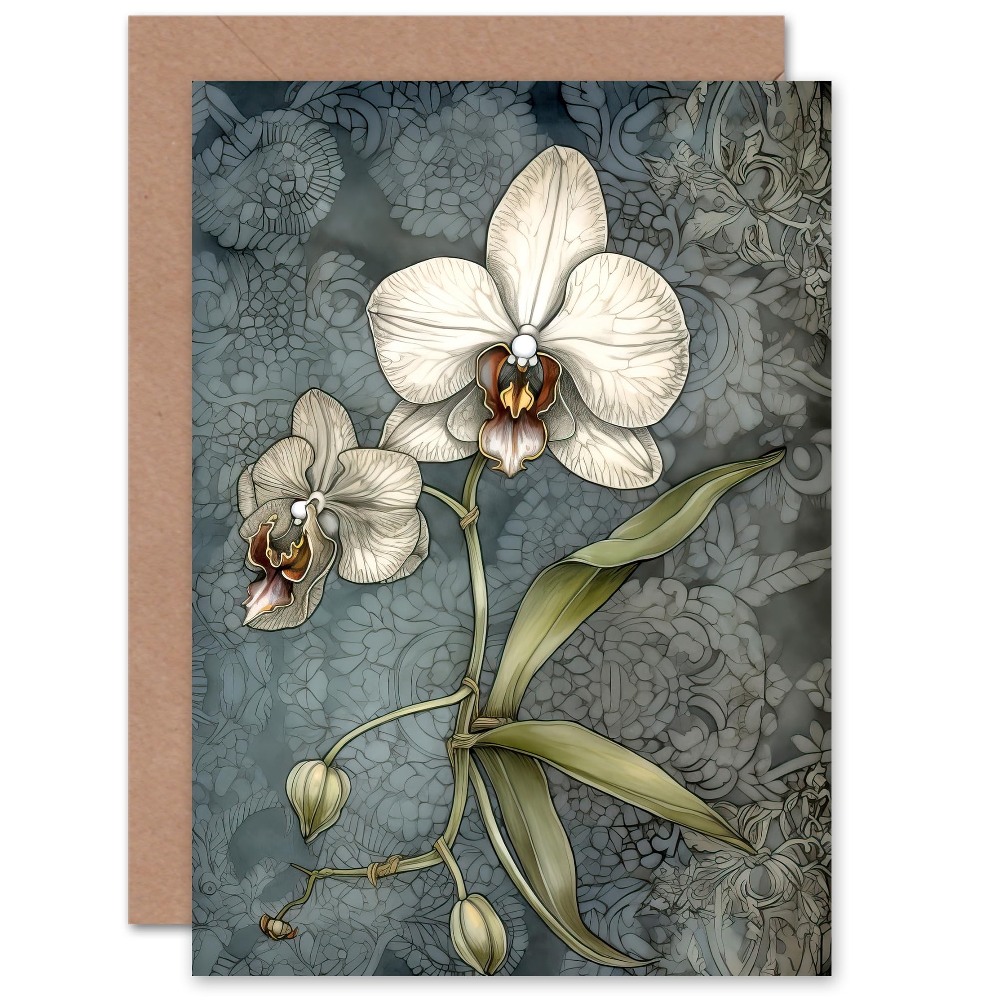 Artery8 Orchid Flower Blooms Art Nouveau Floral for Wife Her Mum Sister Daughter Mom Gran Nan Birthday Thank You Get Well Soon Blank Art Greeting Card