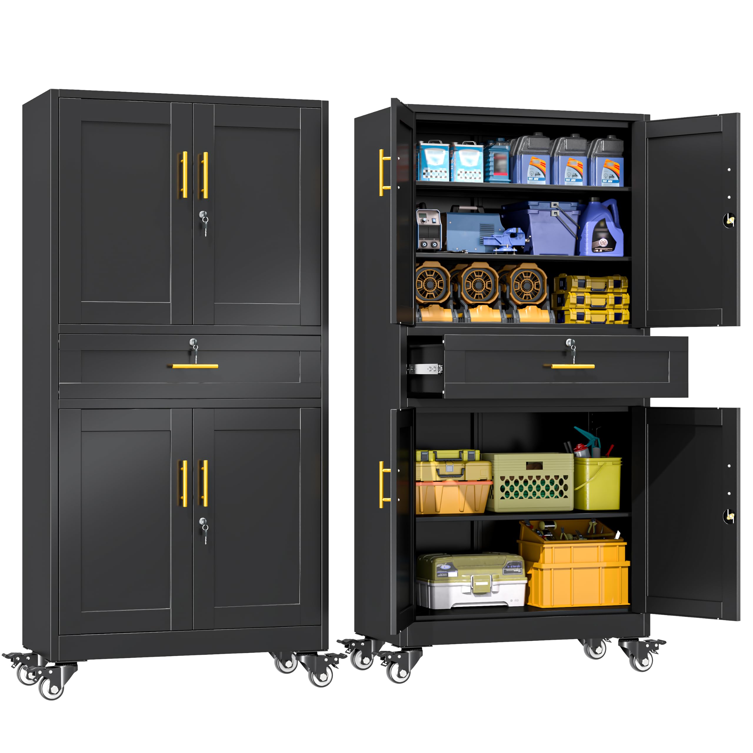 erosoei 75" H Metal Garage Storage Cabinet, Rolling Tool Cabinet with 2 Doors and Wheels, Locker Steel Cabinet with 4 Adjustable Shelves and Drawer, Organization Cabinet for Garage,Office,Gym