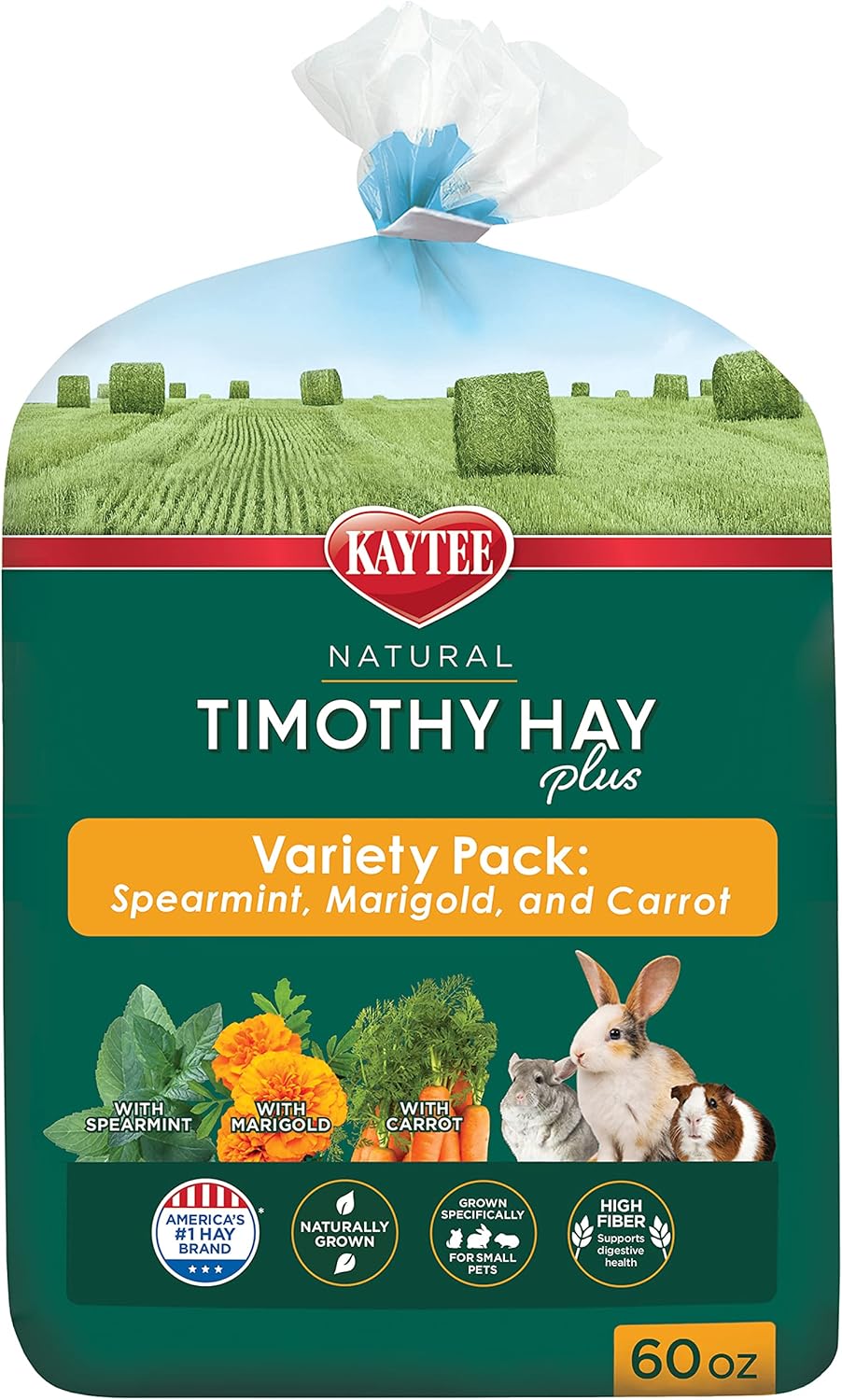 (BEST BEFORE 12/21/2025) Kaytee Timothy Hay Plus Spearmint/Marigold/Carrot 3 Flavor Variety Pack for Pet Guinea Pigs, Rabbits & Other Small Animals, 60 Ounce (Pack of 1) Variety Pack 3.75 Pound (Pack of 1)