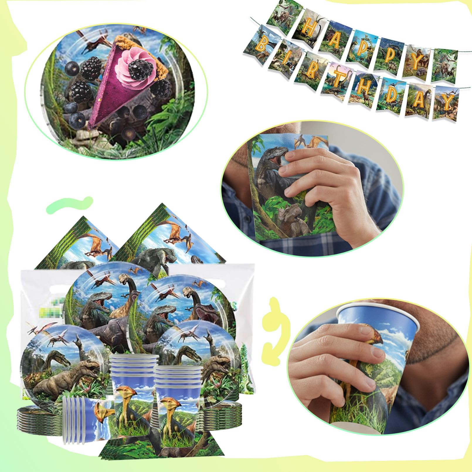 102 Pezzi Dinosauri Stoviglie per Feste di Compleanno，Dinosauri Addobbi Compleanno，Tovaglia，Piatti Carta，Sacchetto regalo，Striscione，Adatto a 20 persone