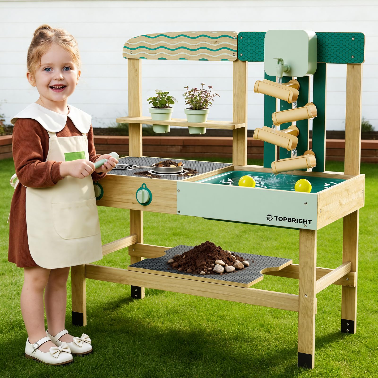 TOP BRIGHT Outdoor Mud Kitchen for Kids, Wooden Kitchen Playset for Kids, Chef Pretend Play Set for Toddlers, Water Box & Faucet, Pretend Cooking Set with Sink, Gift for Boys Girls for 3+ year old