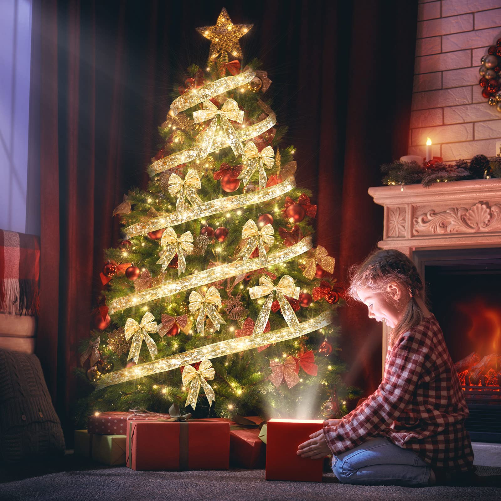 Lot de 4 guirlandes lumineuses de Noël dorées de 20 m pour sapin de Noël - Décorations de Noël intérieures et extérieures - Blanc chaud