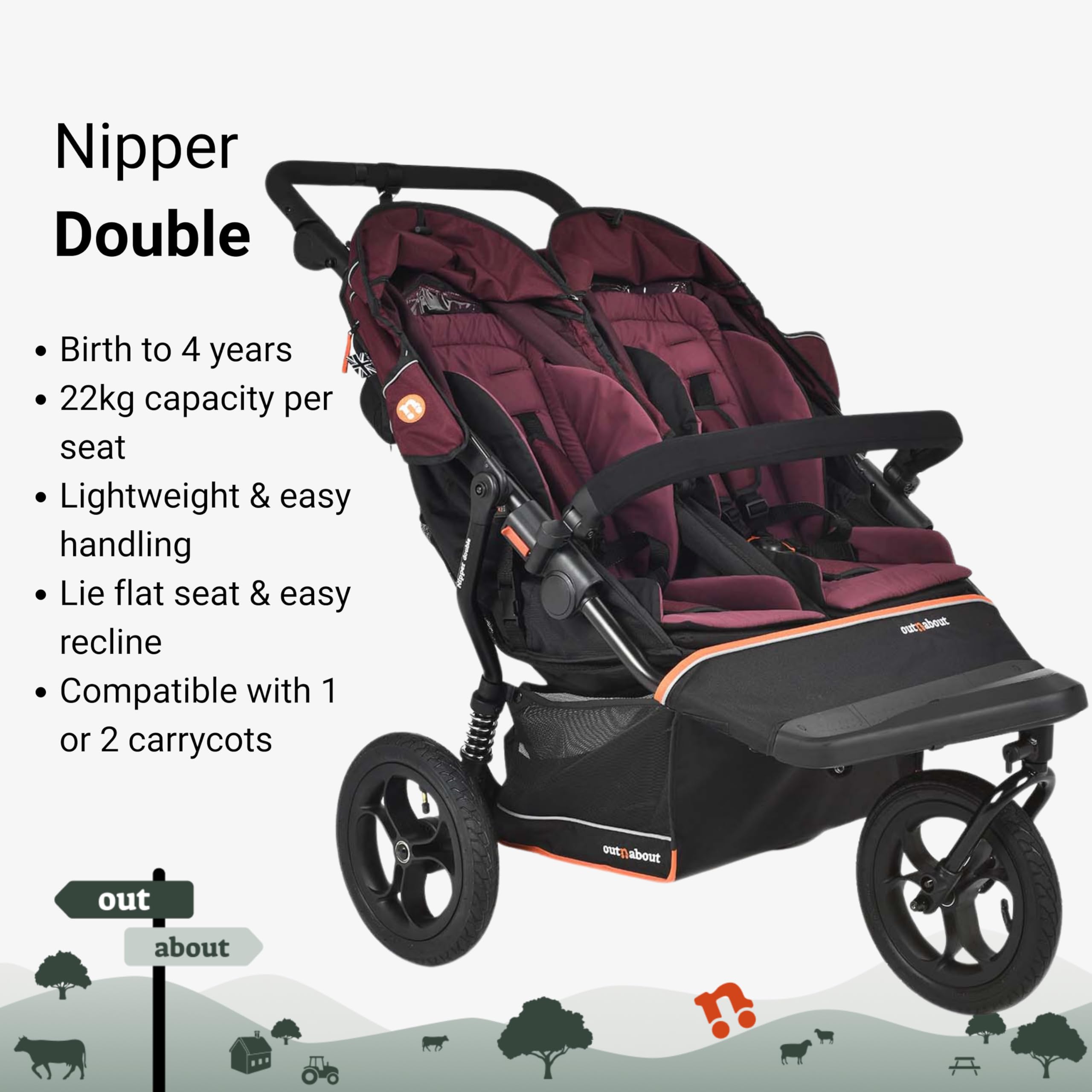 Out'n'About Nipper V6 Plus - Passeggino leggero per tutti i terreni con parapioggia, ruote da 35,6 cm, freno al manubrio e pieghevole compatto, passeggino certificato per neonati e bambini, colore