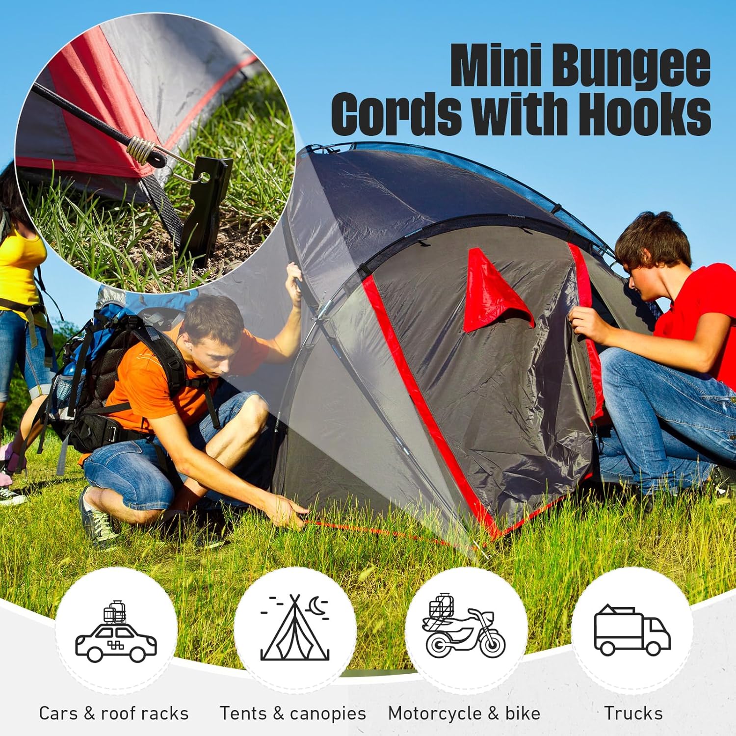 50 Pcs Mini Bungee Cords with Hooks Small Bungee Cords Short Elastic Straps for Luggage Bikes Camping Tools Tarp Cargo Motorcycle (24 Inch,Black)