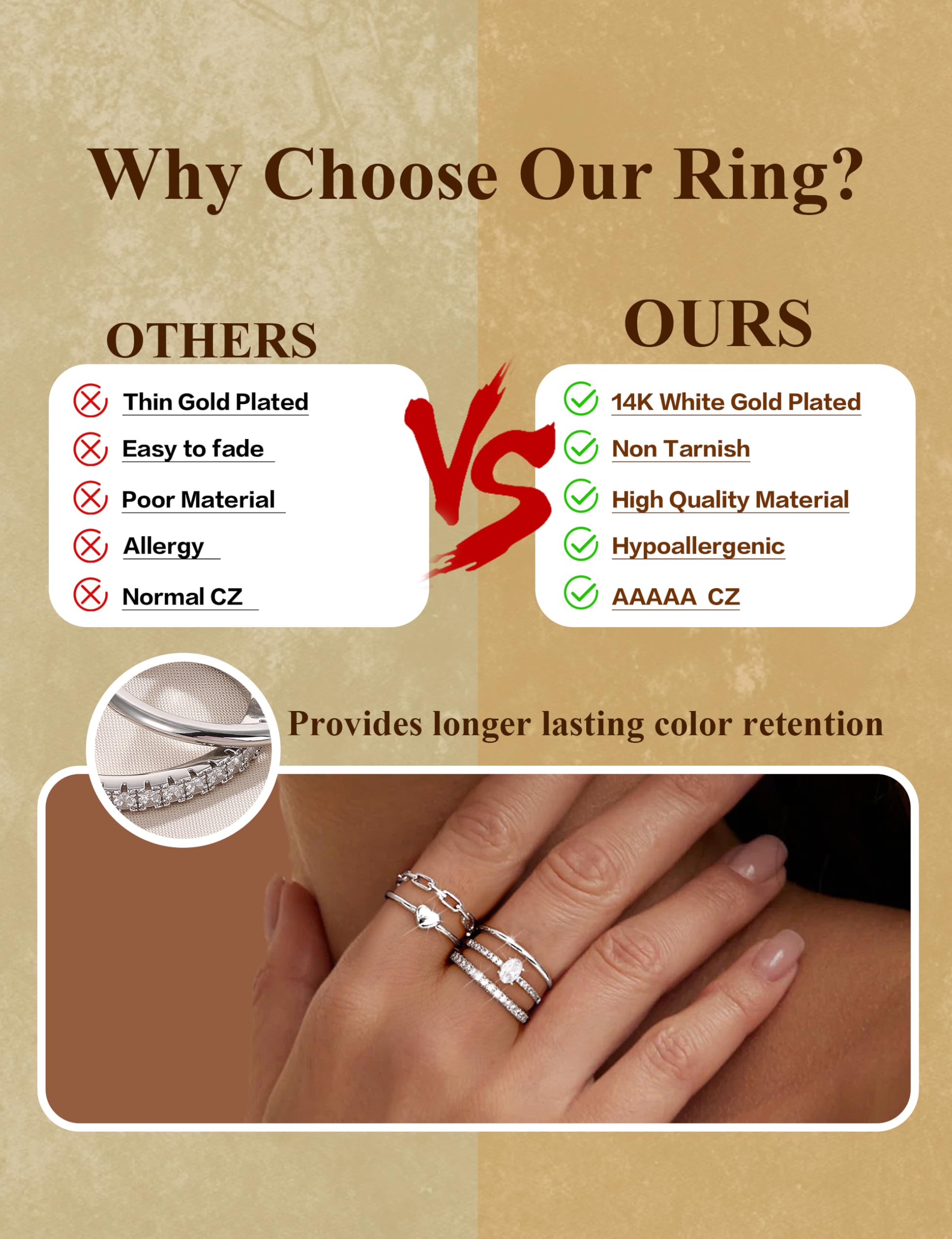 5 anillos apilables de plata para mujer, no se deslustra, delicados anillos apilables de circonita cúbica, impermeables, anillos de plata minimalistas para mujeres, a la moda, sin deslustre 3