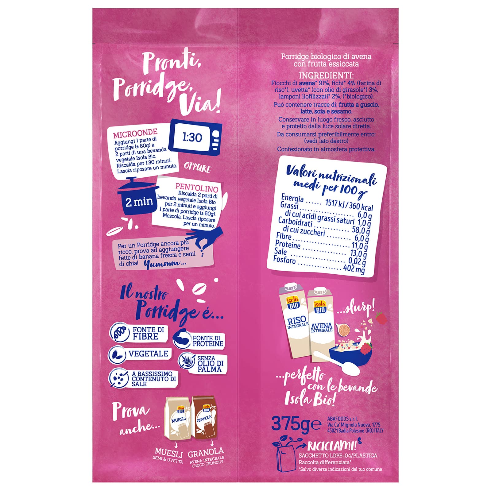 PORRIDGE DE AVENA FICHI LAMPONI Y UVETTA BIO 375 GR