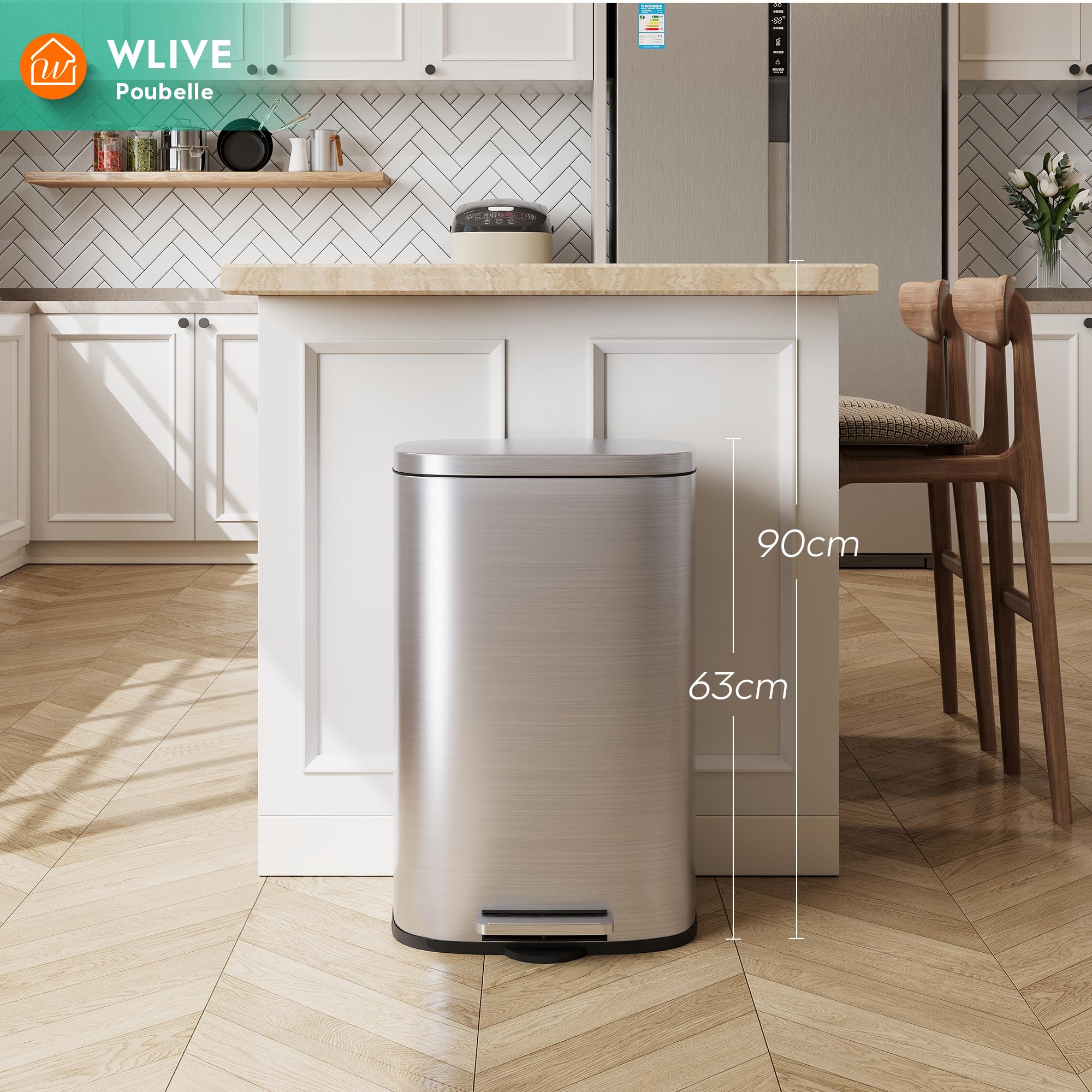 WLIVE Poubelle de Cuisine 50L en Acier Inoxydable, avec Couvercle à Fermeture Douce et Seau Intérieur Amovible, Pédale Mains Libres pour Maison, Buanderie, Bureau, Argent