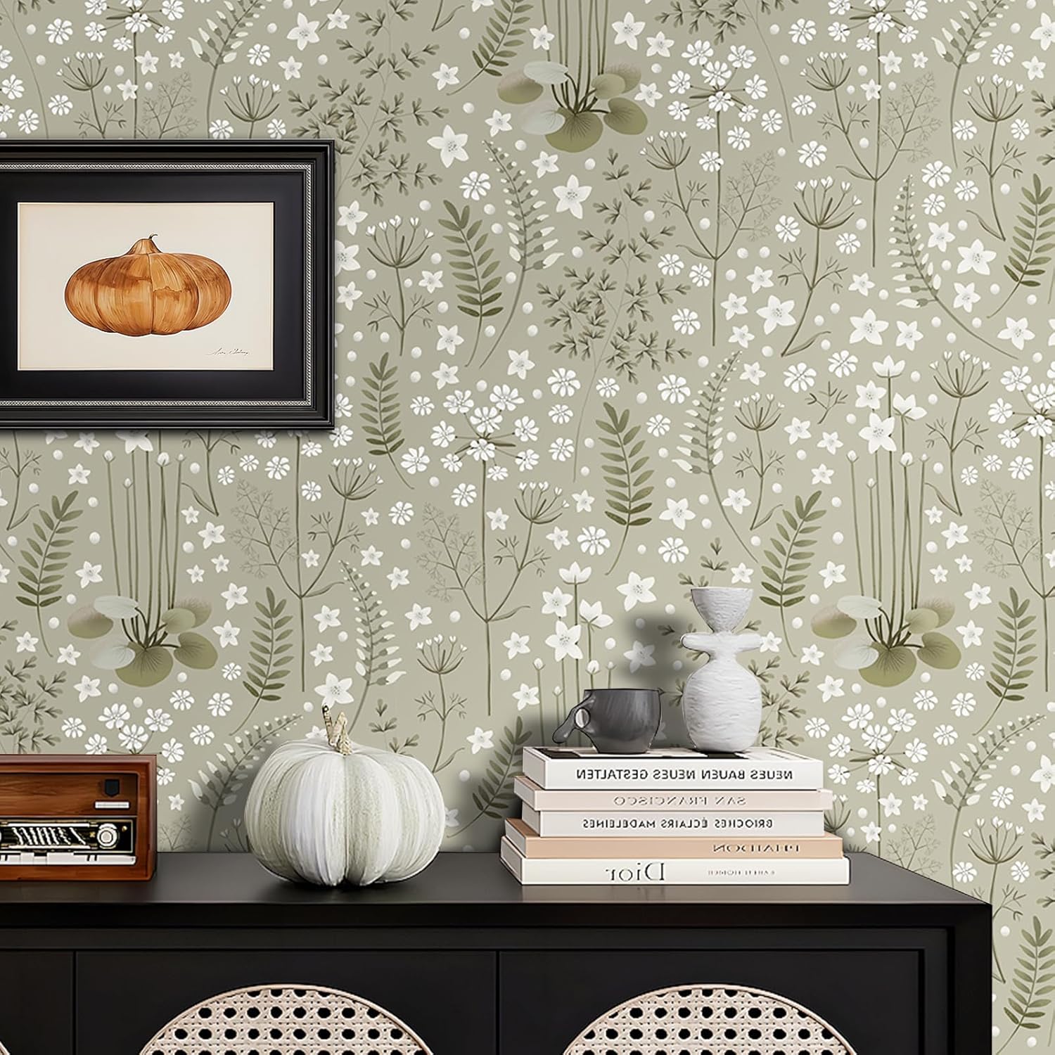 Sage Green Wallpaper Peel and Stick Floral Wallpaper for Bedroom Green Leaves Wildflowers Fern Botanical Wall Paper Removable Self Adhesive Floral Contact Paper for Cabinets and Drawers 17.5x80