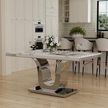 Faux Marble Dining Table, White and Silver Dining Room Table with Mirrored Silver Stainless Steel U-Shaped Base