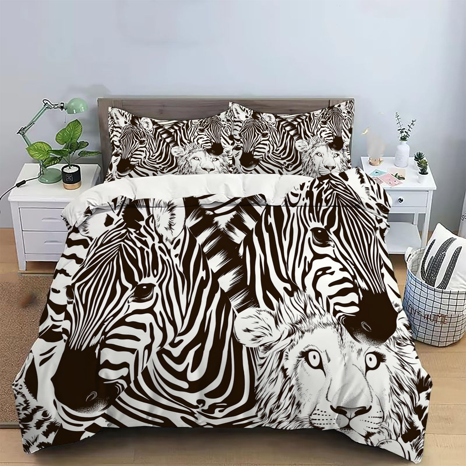 Parure de lit zèbre 220x240 cm avec 2 taies d'oreiller 65x65 cm pour lit 2 personnes