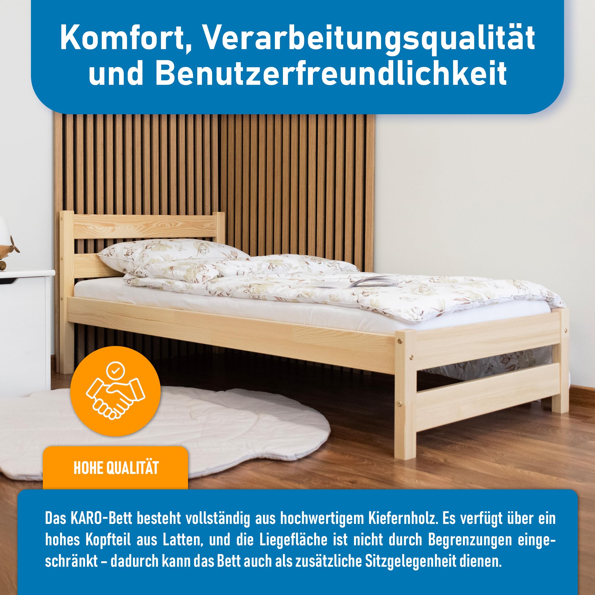 Kinderbett 90x180 cm mit Lattenrost - Einzelbett aus Kiefer Massivholz - Kinder Bett Montessori – Jugendbett – Tagesbett ohne Matratze