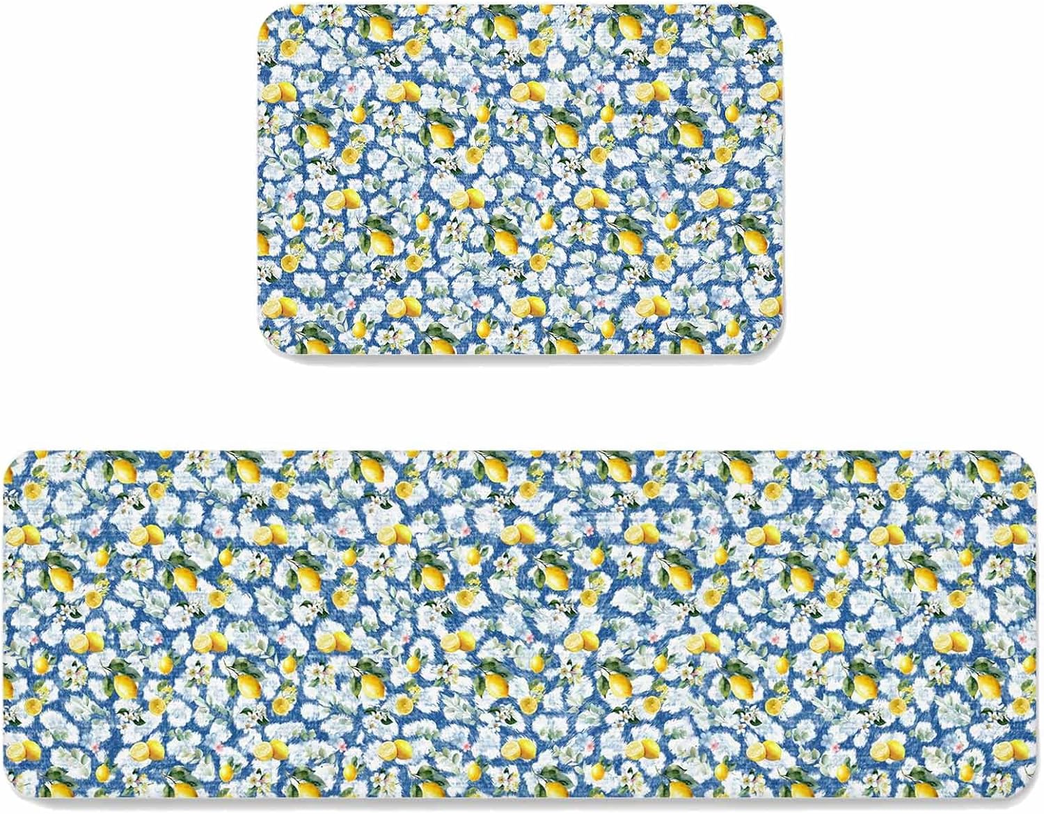 Prime Leader Summer Lemon Kitchen Mat Set 2 Pieces Yellow Fruit White Flowers Country Plant Blue Non Slip Kitchen Rugs Washable Runner Rug Mats for Sink Laundry (23.6" x 35.4"+23.6" x 70.9")
