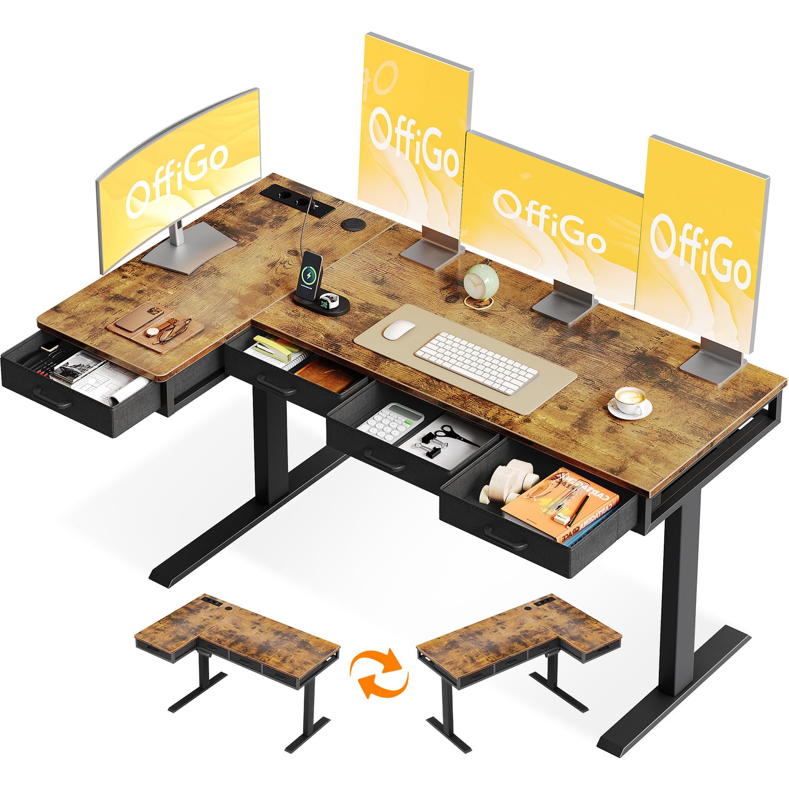 OffiGo Bureau Assis Debout Angle, 160x80cm Bureau Electrique avec 4 Tiroirs, Grand Table d'angle avec Prise, Standing Desk Réglable en Hauteur avec Rangement pour la Maison, Brun Rustique