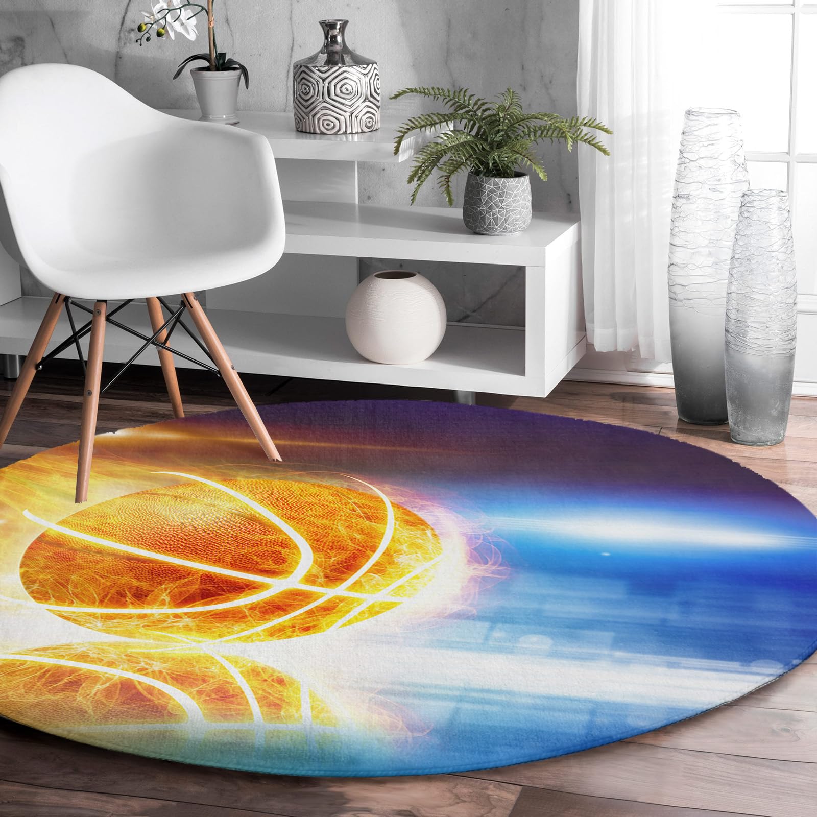 Round Rug 5Ft, Hot Game Abstract Blazing Basketball on Blue Background Soft Round Area Rug Machine Washable Non-Slip Circle Rug Carpet Inoor Throw Rug for Living Room Bedroom
