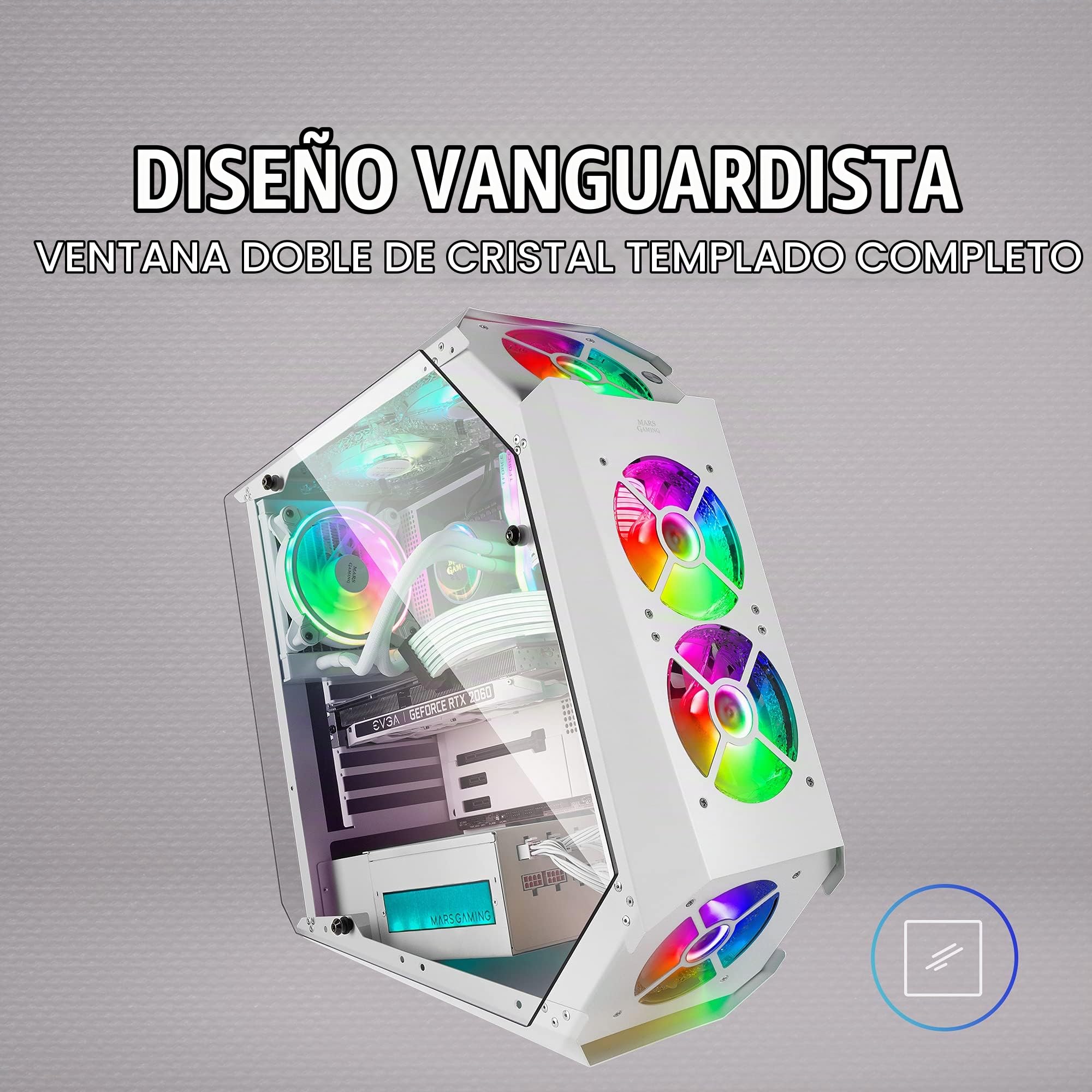 Mars Gaming MC51,Torre PC Gaming ATX, 5 Ventiladores 120mm Chroma ARGB, Controladora con Mando, Doble Cristal Templado, Refrigeración Avanzada, Blanco