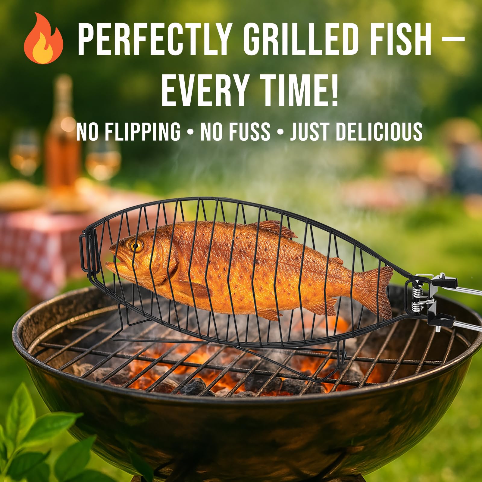 Fish Grilling Basket for Grill - Stainless Steel Basket, Non-Stick Fish Rack for Grilling with Adjustable Lock Removable Handle, Ideal for BBQ, Camping, Charcoal and Gas Grills