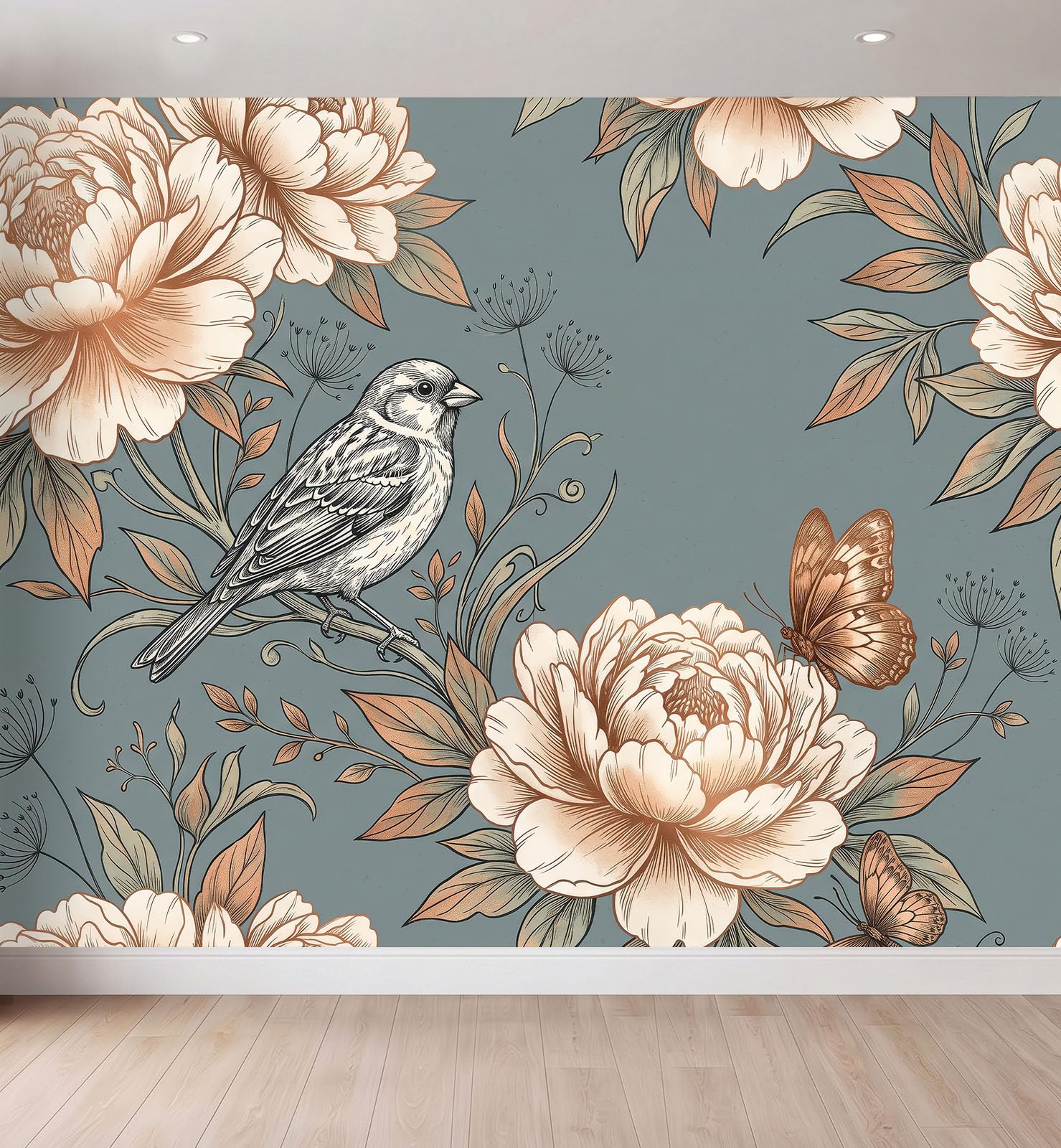 Tapeta z włókniny w stylu retro z motywem kwiatu piwonii i wróbla 200 x 140 cm do pokoi dziecięcych, tapeta z flizeliny, ptak rośliny i kwiaty, fototapeta do salonu