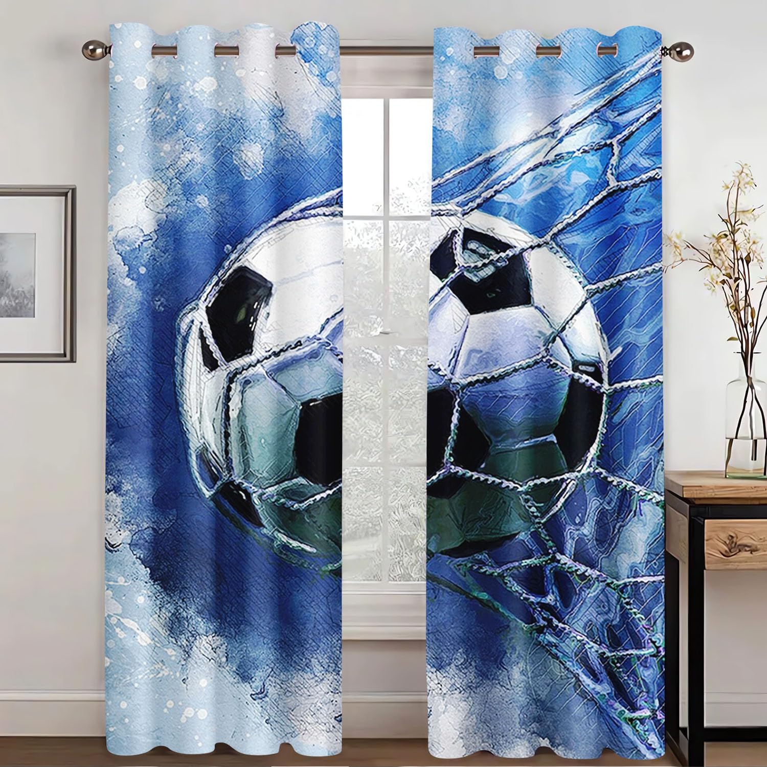 WEQEER Football Sports Field Curtains, Blue 3D Football Pattern Eyelets Curtains, Colourful Football Children's Blackout Curtain, Boys Curtains for Bedroom (10.280 x 180 cm (2 x 140 x 180 cm))