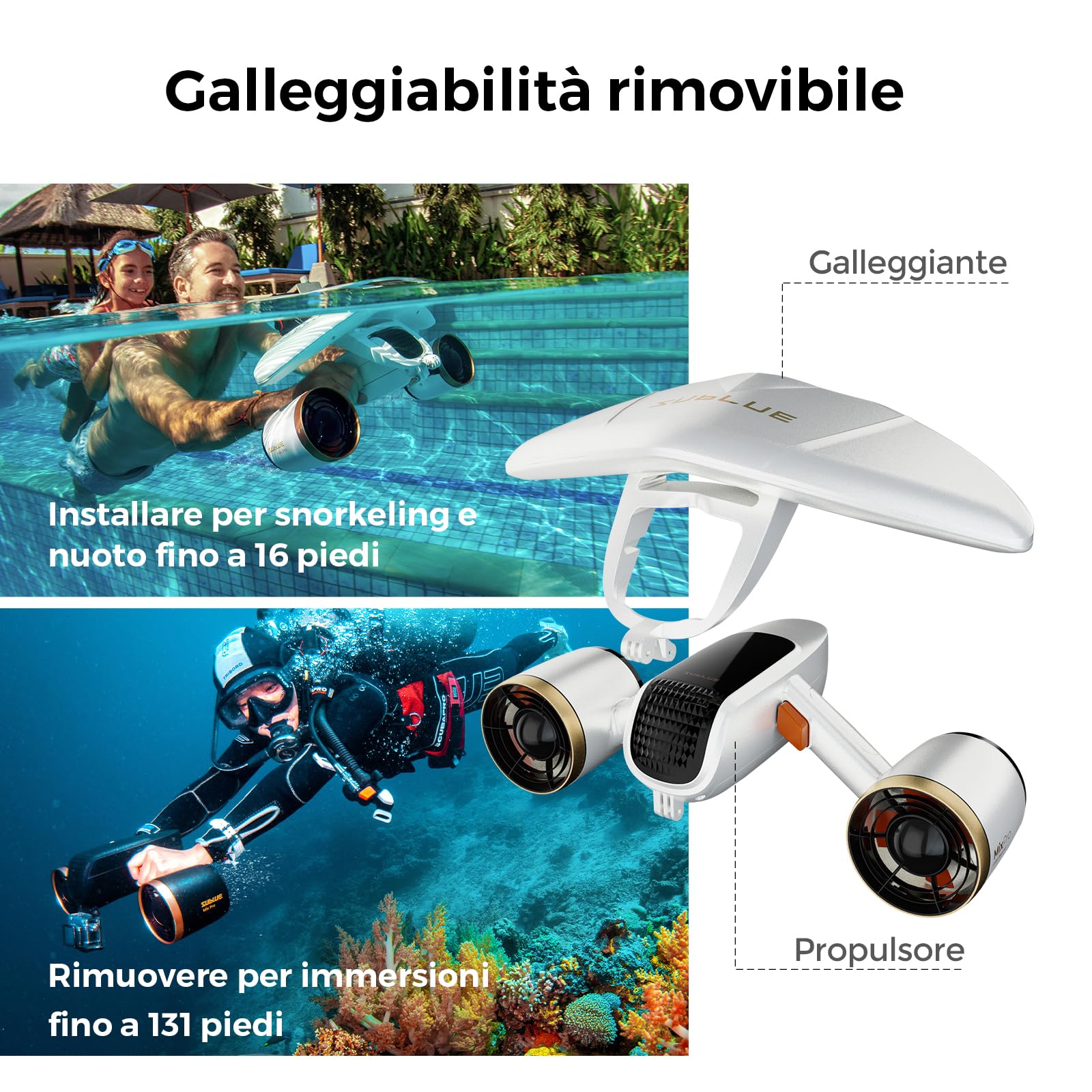 Scooter sumergible Mix Pro Dual Motor - 3 modos de velocidad, 60 minutos de autonomía, profundidad de 40 m, con soporte para cámara y alarma de batería baja para piscina, buceo, snorkel (blanco)
