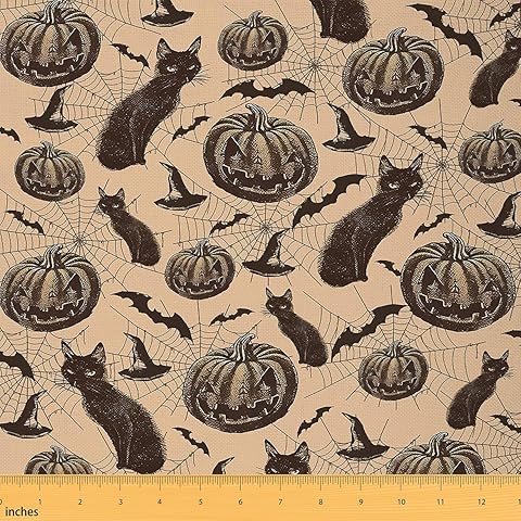 Feelyou Halloween Fabric by The Yard 1 Yard Pumpkin Upholstery Fabric for Chairs for Boys Girls Teens Cats Waterproof Outdoor Fabric Brown Reupholstery Fabric Decor