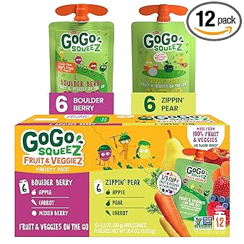 GoGo squeeZ Fruit & veggieZ Applesauce and Puree Variety Pack, Boulder Berry and Zippin' Pear, 3.2 oz (Pack of 12), Unsweetened Snacks for Kids, BPA Free Pouches (Packaging May Vary)