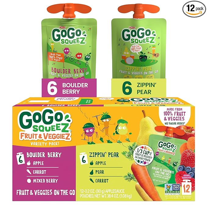 GoGo squeeZ Fruit & veggieZ Applesauce and Puree Variety Pack, Boulder Berry and Zippin' Pear, 3.2 oz (Pack of 12), Unsweetened Snacks for Kids, BPA Free Pouches (Packaging May Vary)
