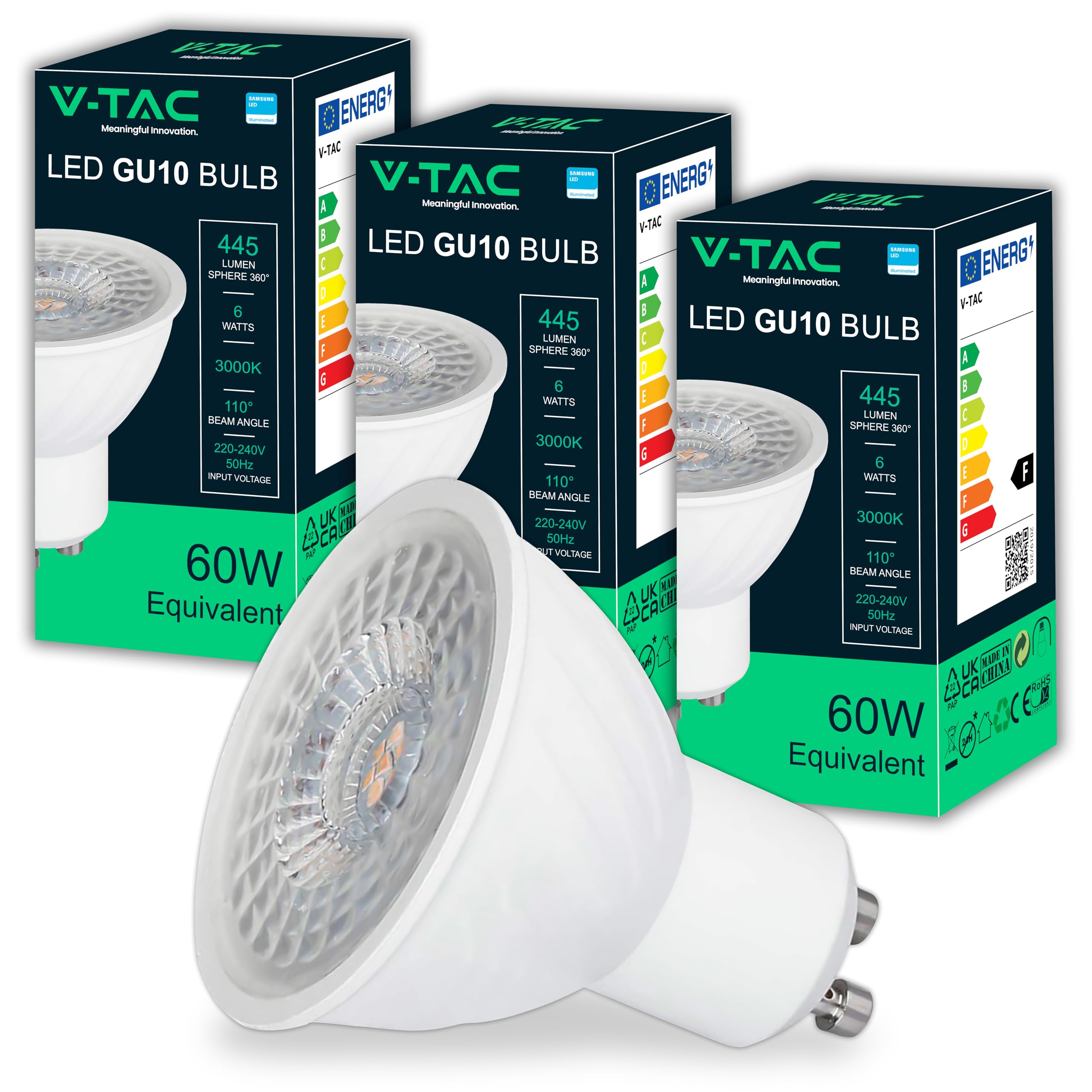 V-TAC 3 x GU10-6W LED Bulbs High Brightness (60W Equivalent) – Samsung Chip – 445 Lumen – GU10 LED Spot Light for Maximum Efficiency and Energy Saving – Warm White 3000 K