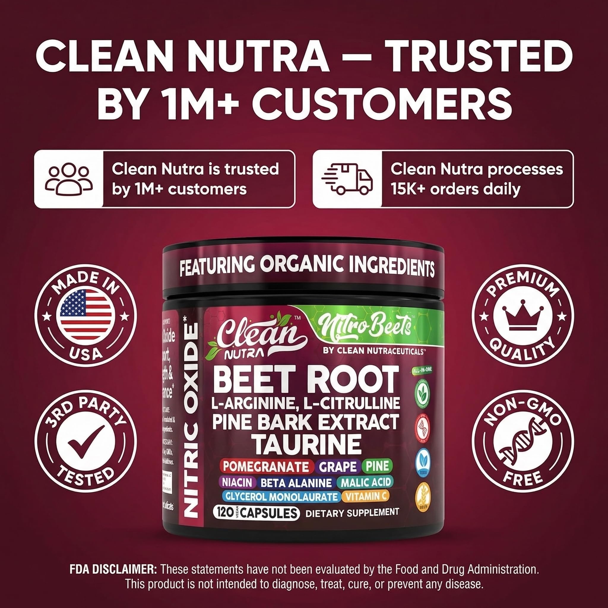 Clean Nutra Organic Beet Root Capsules L Arginine L Citrulline Pine Bark Nitric Oxide Beetroot Powder Arginine Citrulline Supplement Pre Workout Supplements Extract – 120 Vegan Pills — Amazon image 8