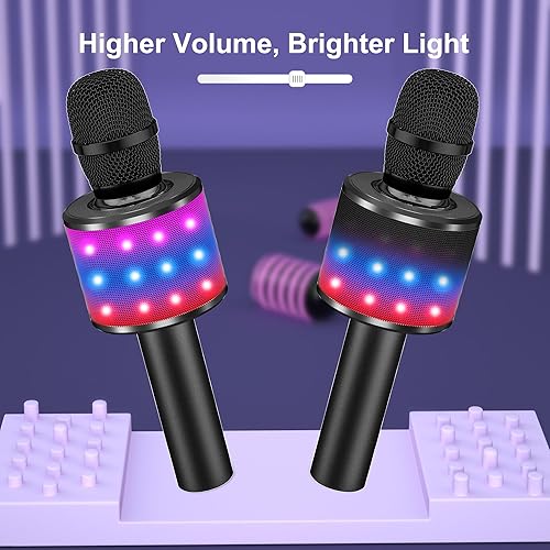 Miniatura 5 de BONAOK - Micrófono de karaoke inalámbrico Bluetooth con luces LED, micrófono de mano portátil 4 en 1 con bocina reproductora de karaoke para cantar