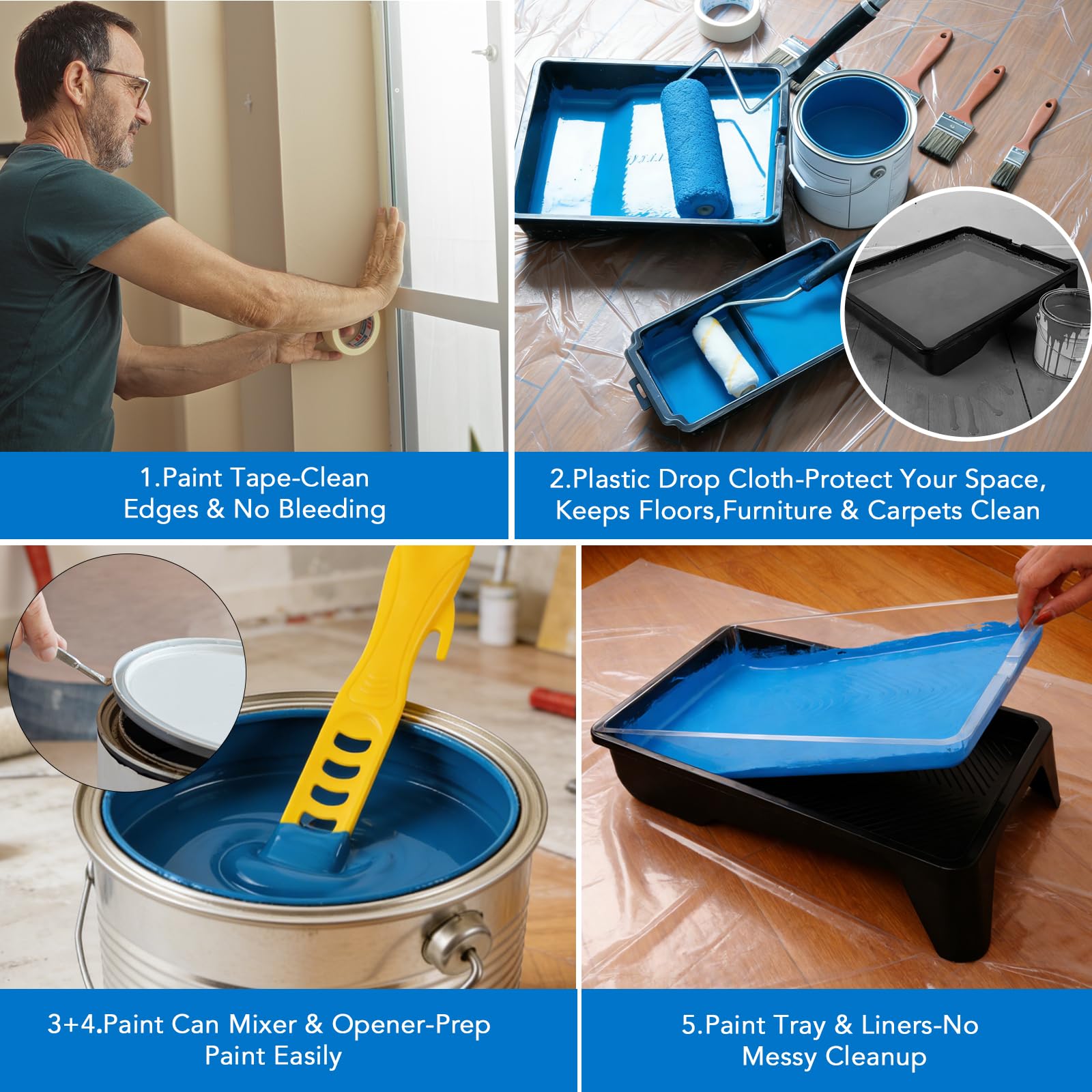 Kit de 36 rodillos de pintura con poste de extensión de 4 secciones, bandejas de rodillos de 9 y 4 pulgadas, marcos resistentes, rodillos de pintura de microfibra, pinceles y raspadores, herramientas
