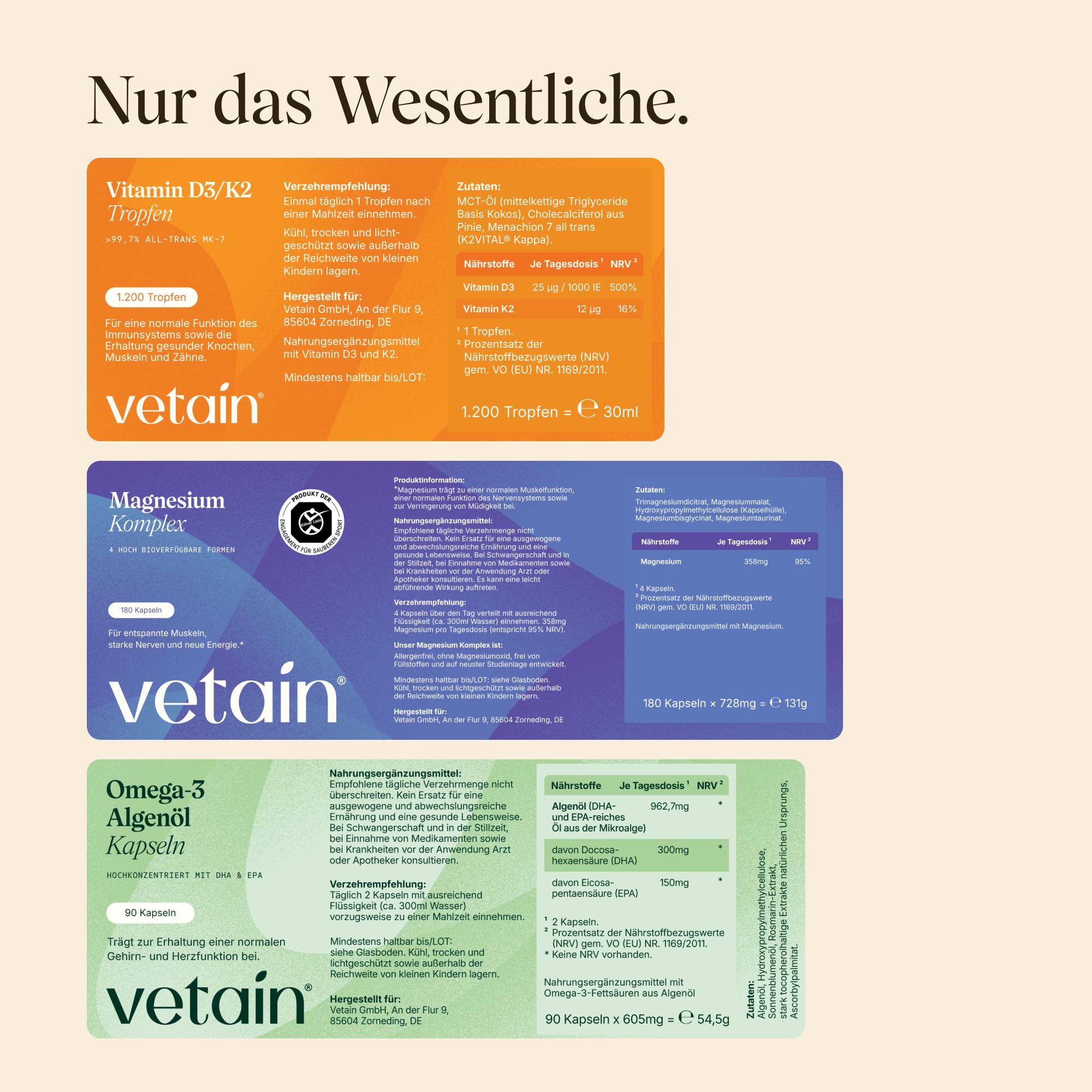 VETAIN Daily Essentials Set – Magnesium Komplex, Omega 3 Vegan & Vitamin D3 K2 Tropfen – hochdosiert & vegan – produziert in Deutschland - GRATIS Premium Tablettenbox